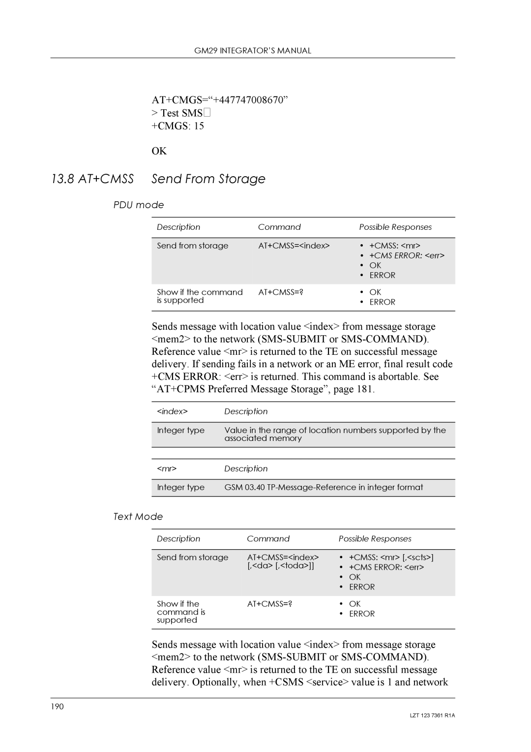 Standard Horizon GM29 manual 13.8 AT+CMSS Send From Storage, At+Cmss=? 