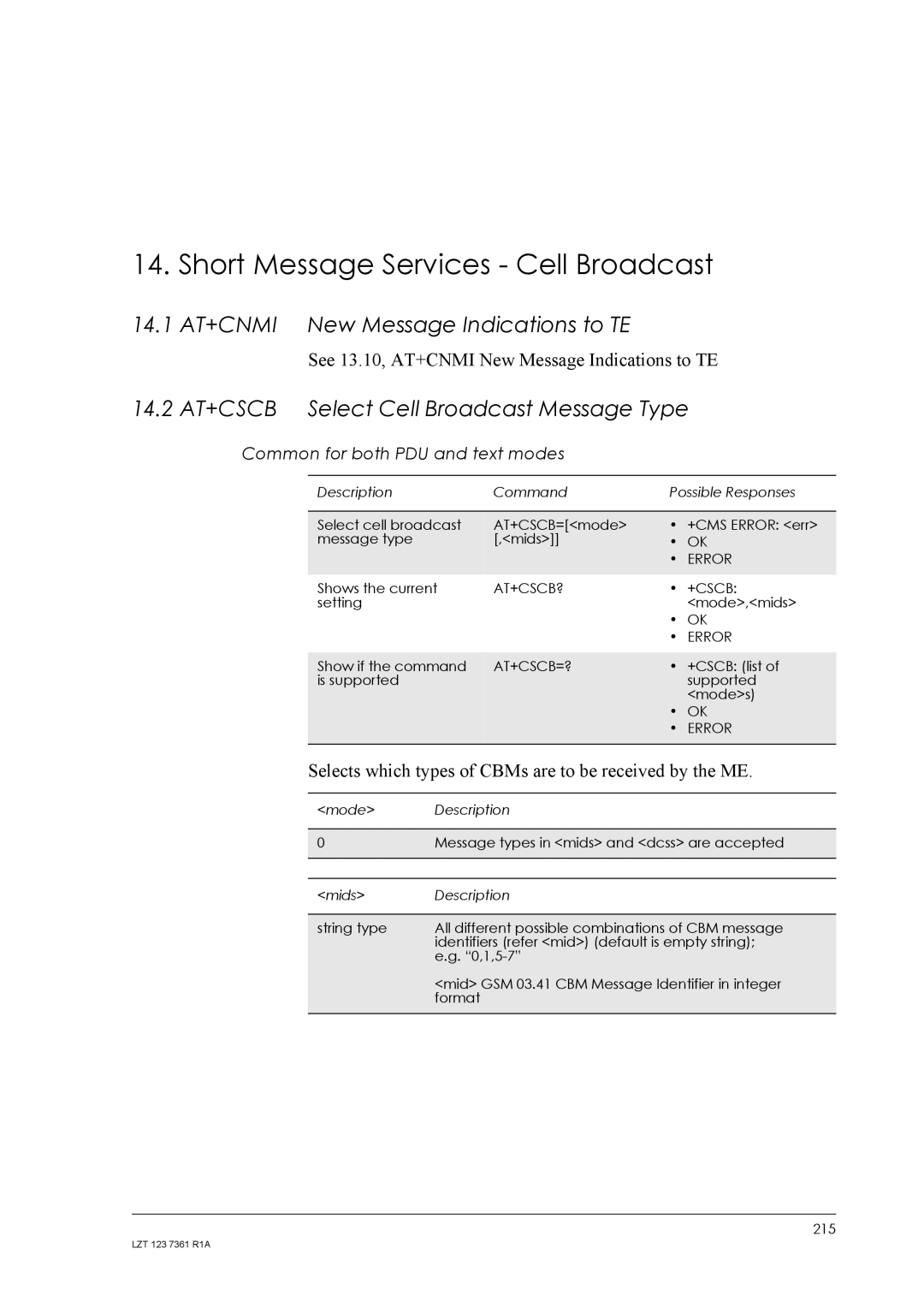 Standard Horizon GM29 manual Short Message Services Cell Broadcast, 14.1 AT+CNMI New Message Indications to TE, At+Cscb? 