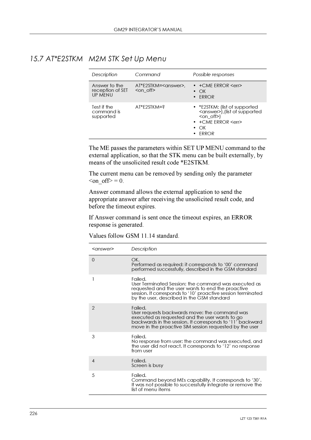 Standard Horizon GM29 manual 15.7 AT*E2STKM M2M STK Set Up Menu, UP Menu Error, AT*E2STKM=? 