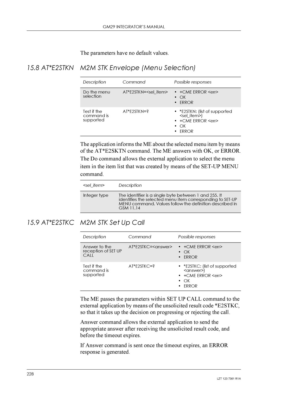 Standard Horizon GM29 15.8 AT*E2STKN M2M STK Envelope Menu Selection, 15.9 AT*E2STKC M2M STK Set Up Call, AT*E2STKN=? 