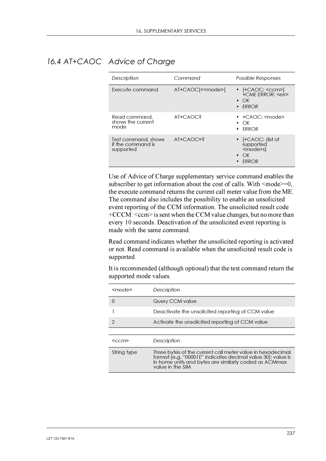 Standard Horizon GM29 manual 16.4 AT+CAOC Advice of Charge, At+Caoc?, At+Caoc=? 