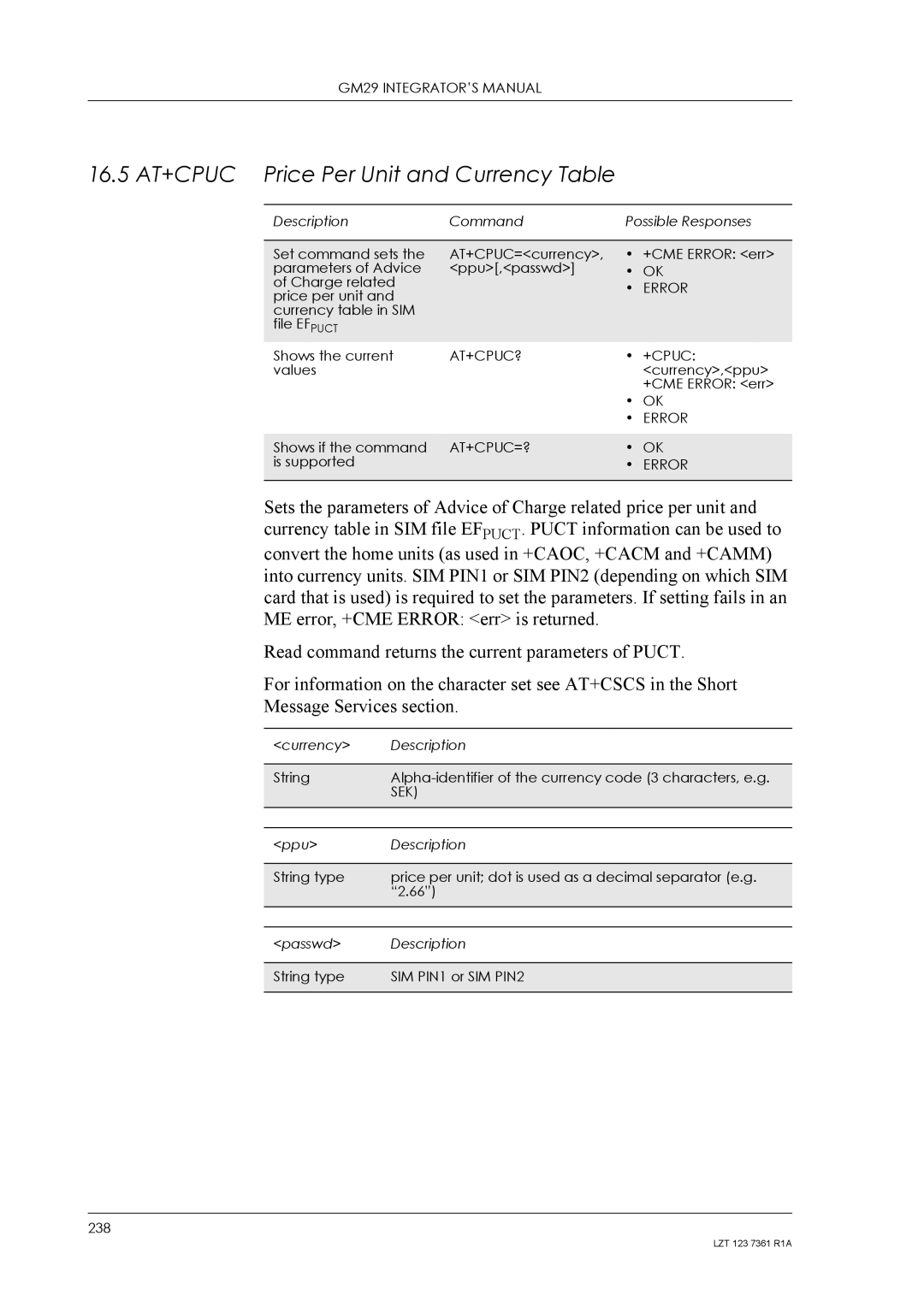 Standard Horizon GM29 manual 16.5 AT+CPUC Price Per Unit and Currency Table, At+Cpuc?, At+Cpuc=?, Sek 