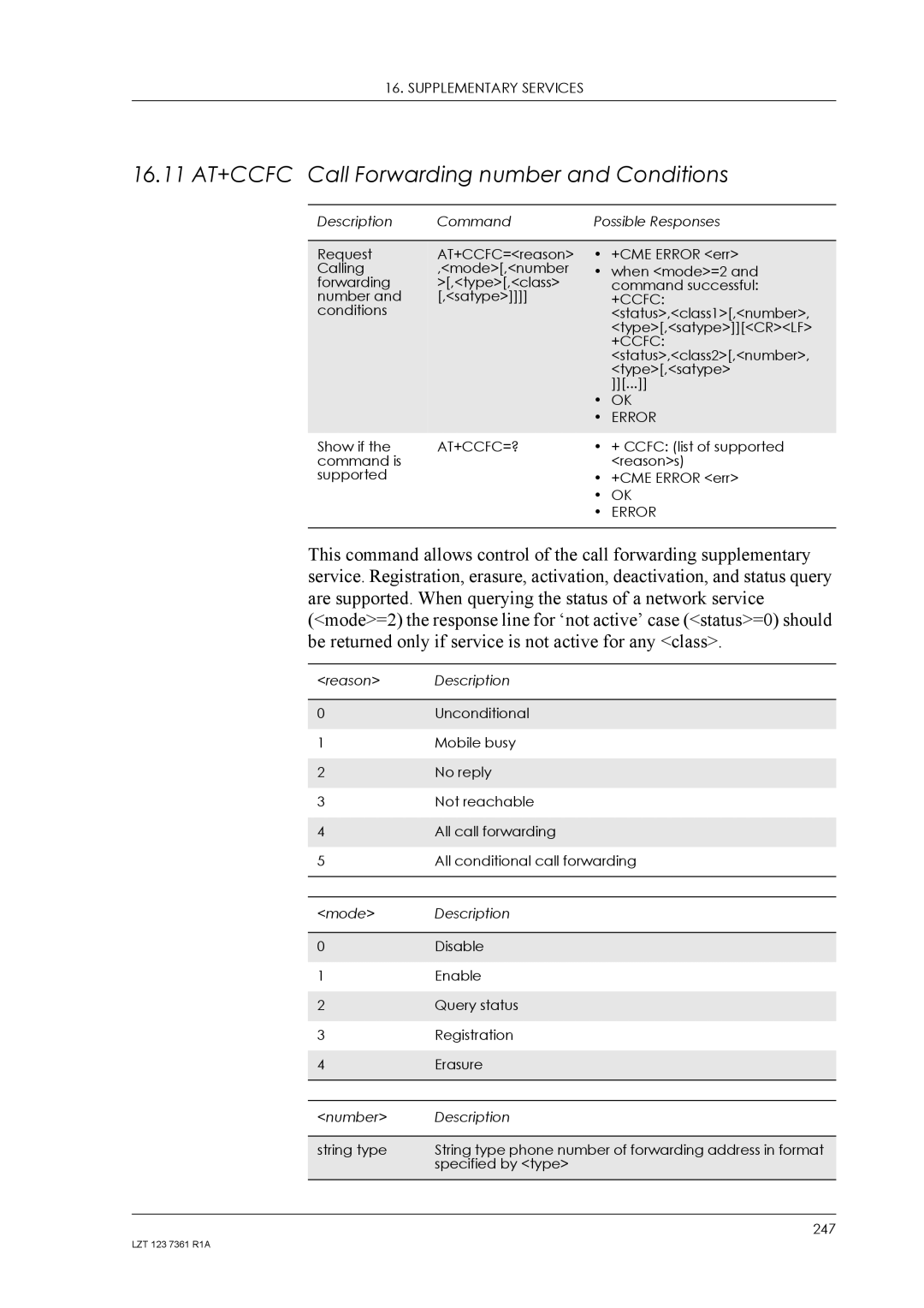 Standard Horizon GM29 manual 16.11 AT+CCFC Call Forwarding number and Conditions, At+Ccfc=? 