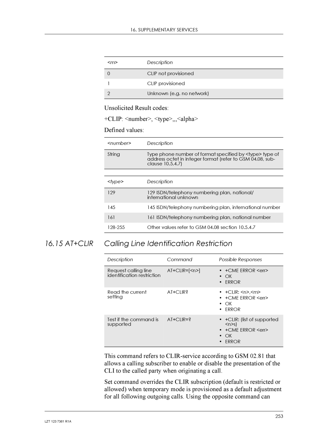 Standard Horizon GM29 manual 16.15 AT+CLIR Calling Line Identification Restriction, Description Command Possible Responses 