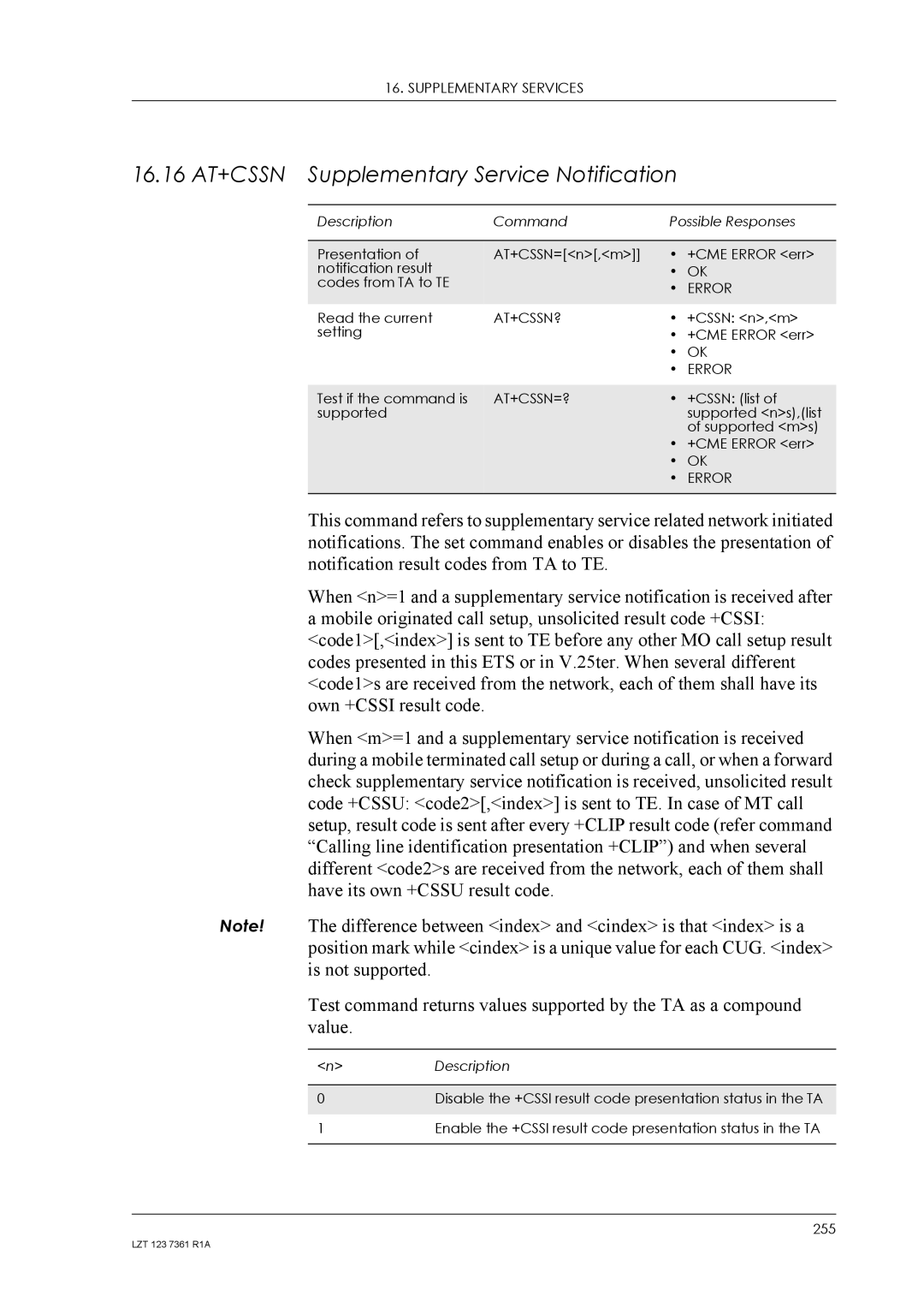 Standard Horizon GM29 manual 16.16 AT+CSSN Supplementary Service Notification, At+Cssn?, At+Cssn=? 