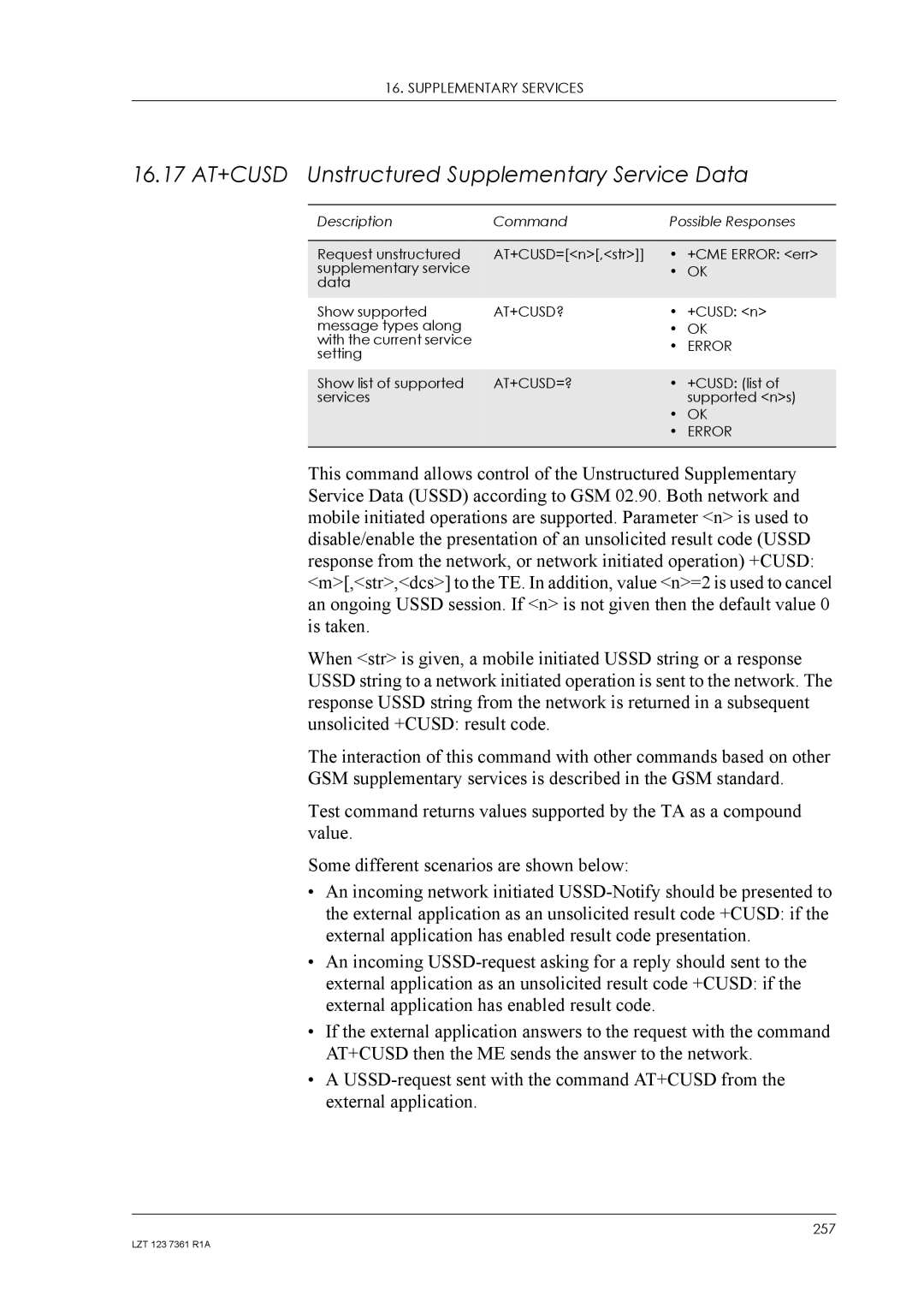 Standard Horizon GM29 manual 16.17 AT+CUSD Unstructured Supplementary Service Data, At+Cusd?, At+Cusd=? 