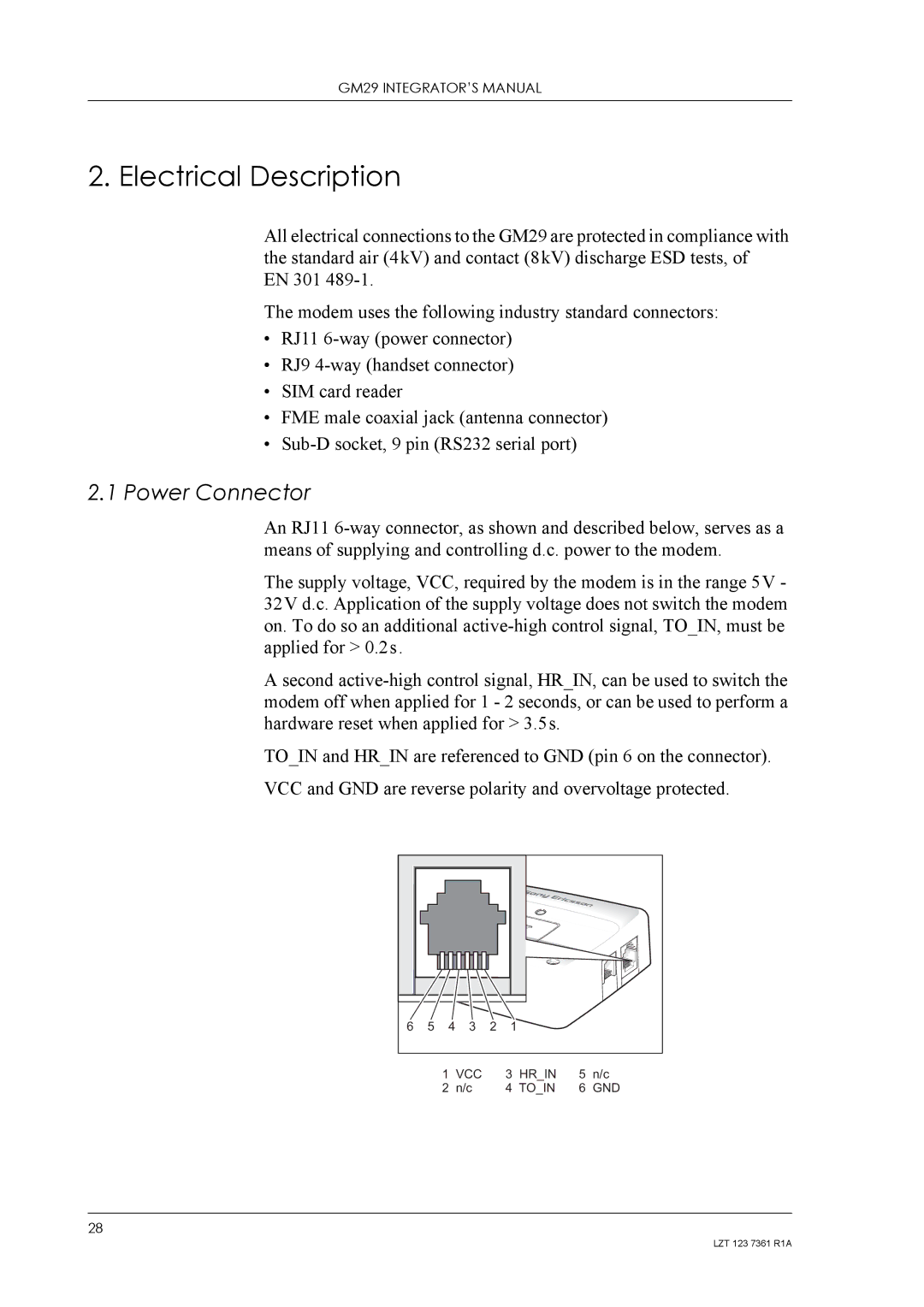 Standard Horizon GM29 manual Electrical Description, Power Connector 