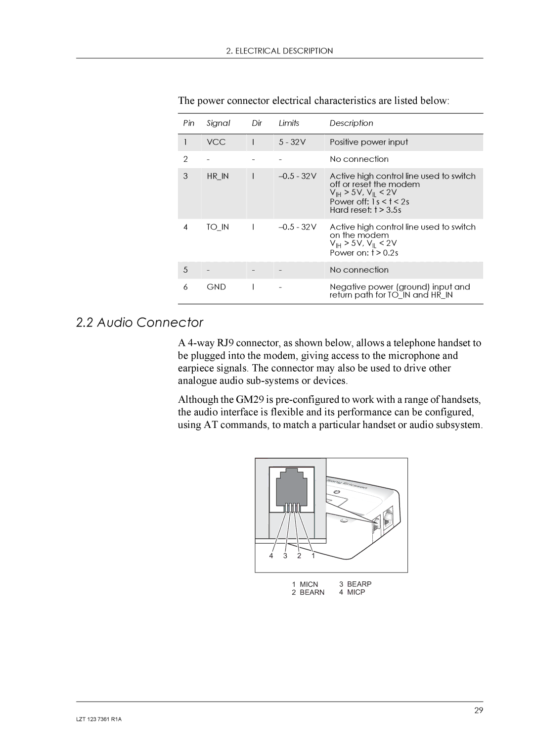 Standard Horizon GM29 manual Audio Connector, Vcc, Hrin, Toin, Gnd 