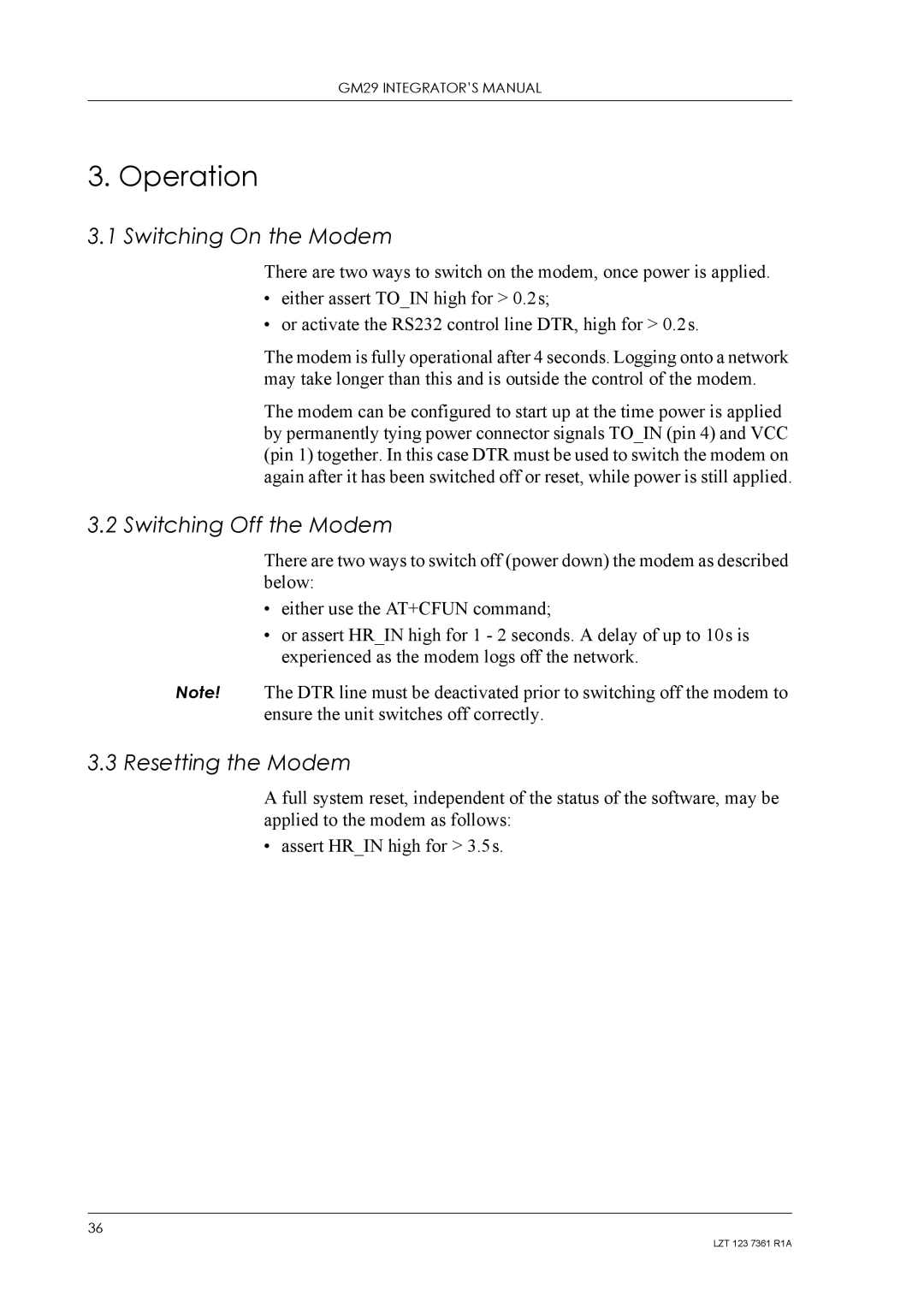 Standard Horizon GM29 manual Operation, Switching On the Modem, Switching Off the Modem, Resetting the Modem 