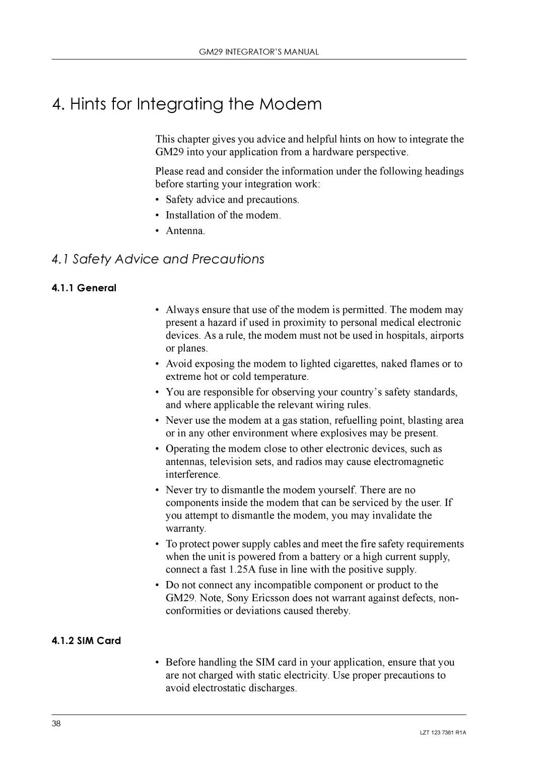 Standard Horizon GM29 manual Hints for Integrating the Modem, Safety Advice and Precautions 