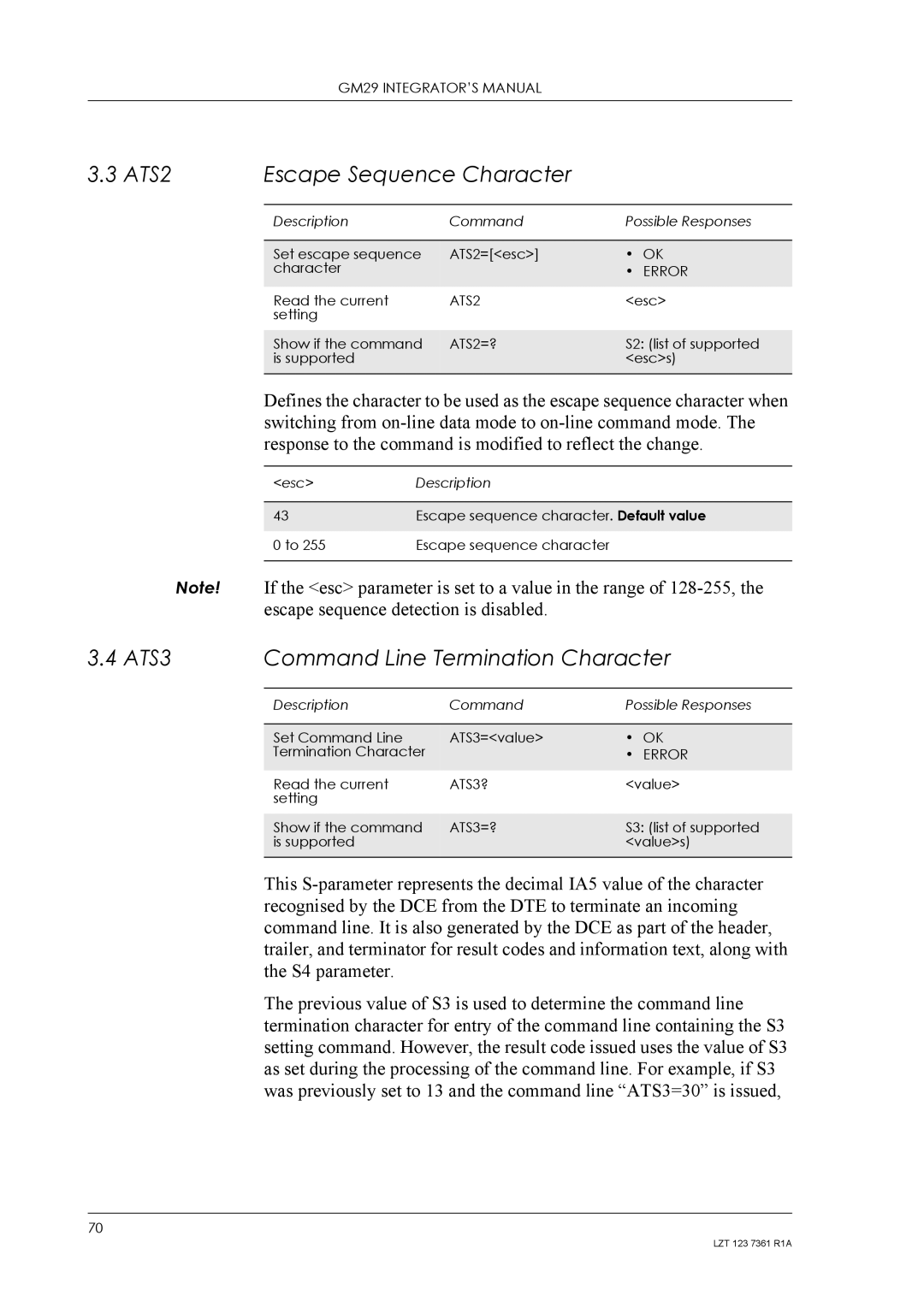 Standard Horizon GM29 manual ATS2 Escape Sequence Character, ATS3 Command Line Termination Character, ATS3? 