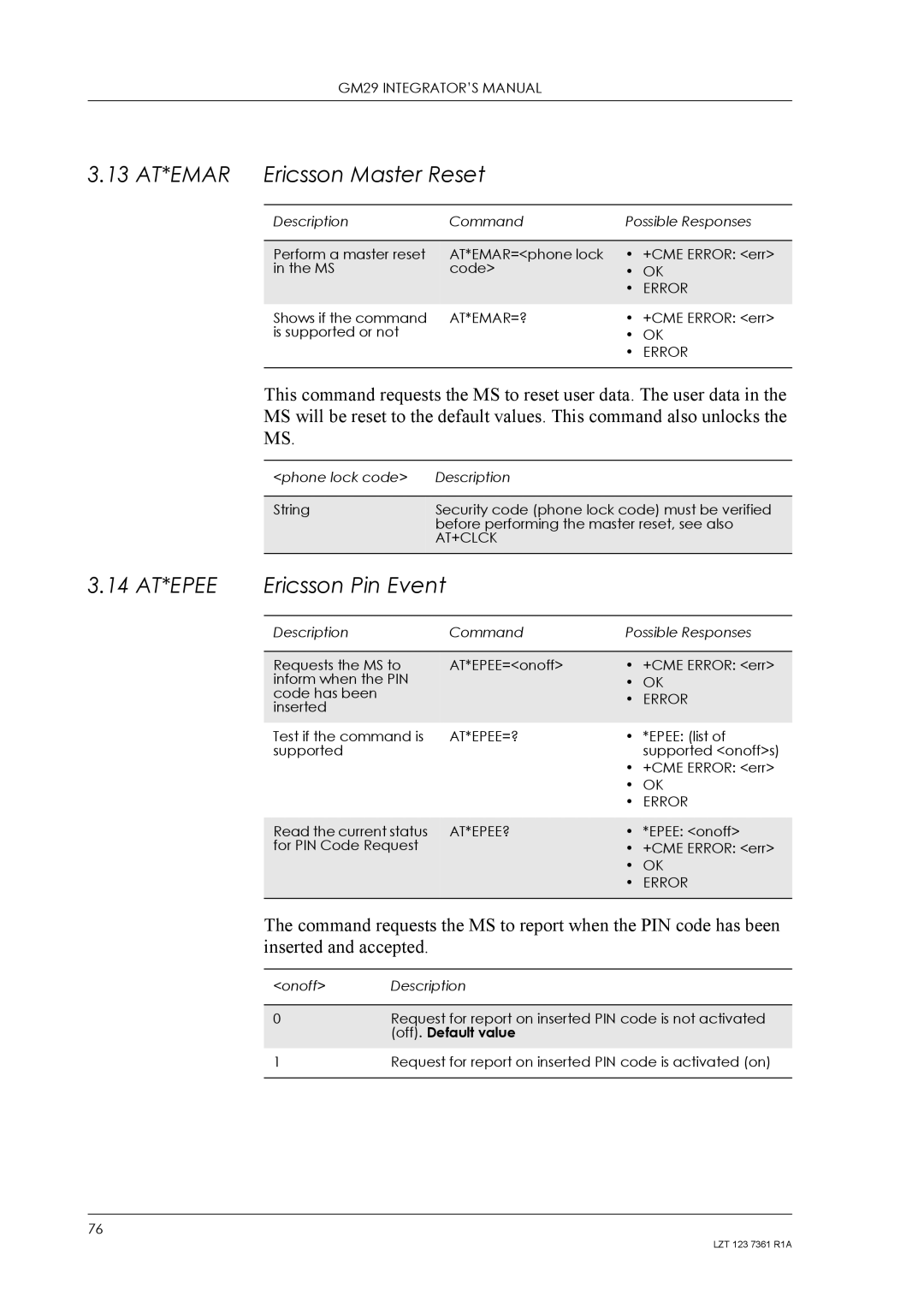 Standard Horizon GM29 manual 13 AT*EMAR Ericsson Master Reset, 14 AT*EPEE Ericsson Pin Event, At*Emar=?, At+Clck, At*Epee=? 