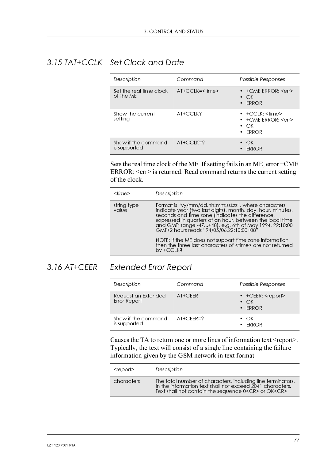 Standard Horizon GM29 manual 15 TAT+CCLK Set Clock and Date, 16 AT+CEER Extended Error Report 