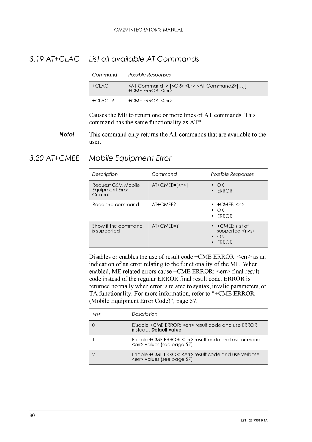 Standard Horizon GM29 manual 19 AT+CLAC List all available AT Commands, 20 AT+CMEE Mobile Equipment Error 