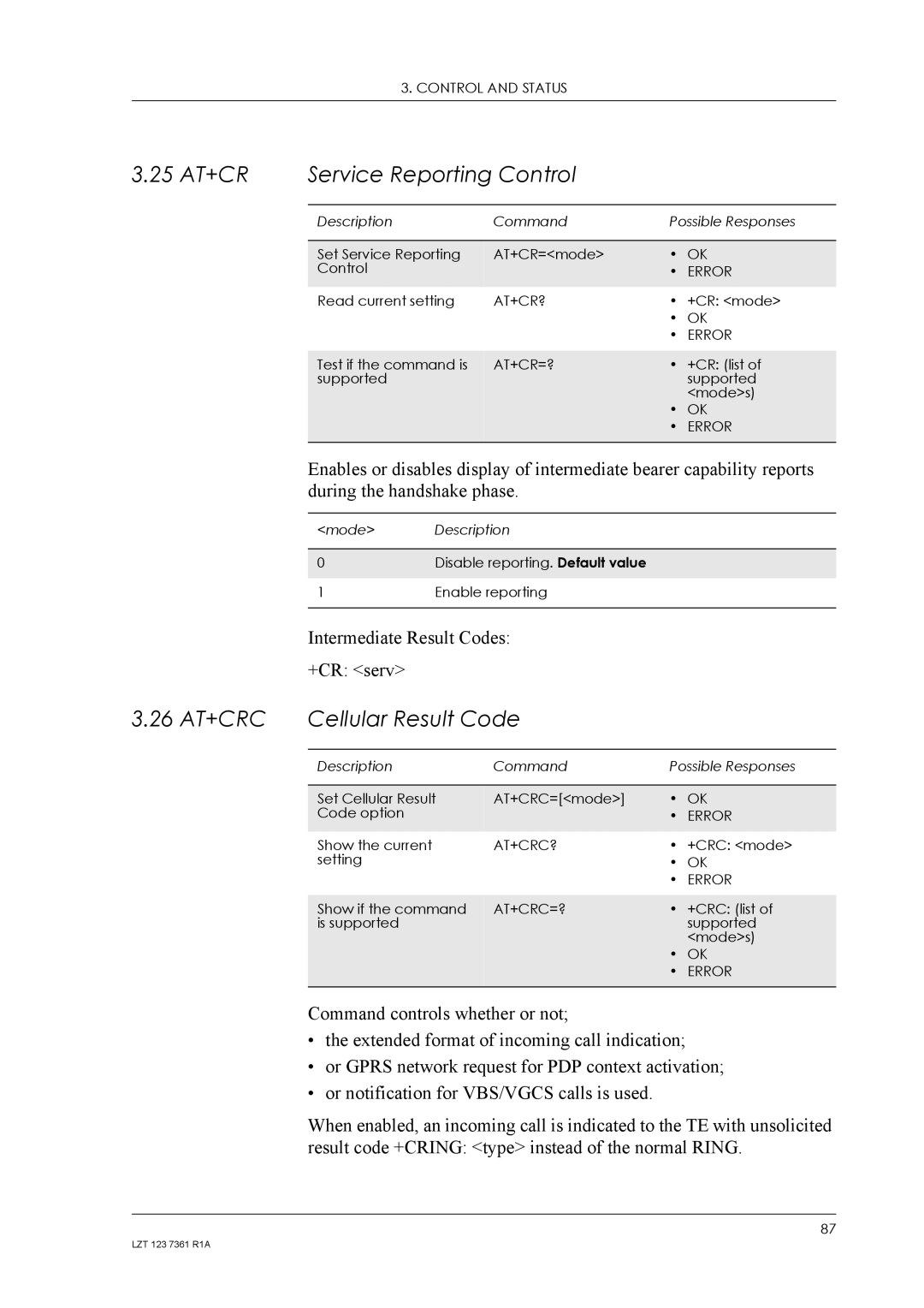 Standard Horizon GM29 manual 25 AT+CR Service Reporting Control, 26 AT+CRC Cellular Result Code 
