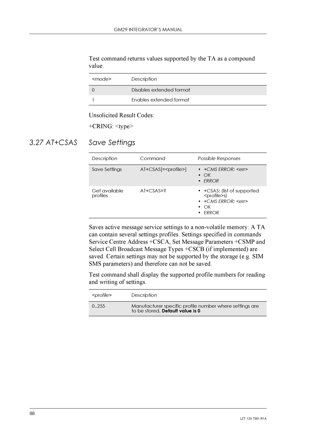 Standard Horizon GM29 manual 27 AT+CSAS Save Settings, At+Csas=? 