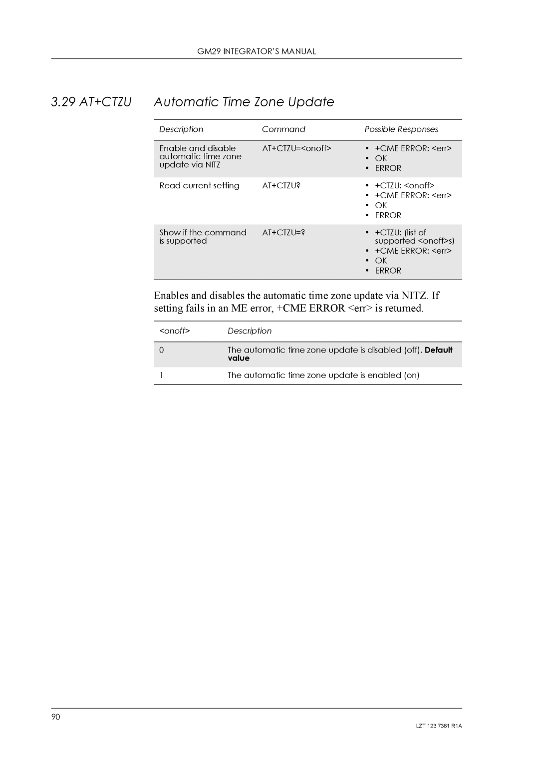 Standard Horizon GM29 manual 29 AT+CTZU Automatic Time Zone Update, At+Ctzu?, At+Ctzu=? 