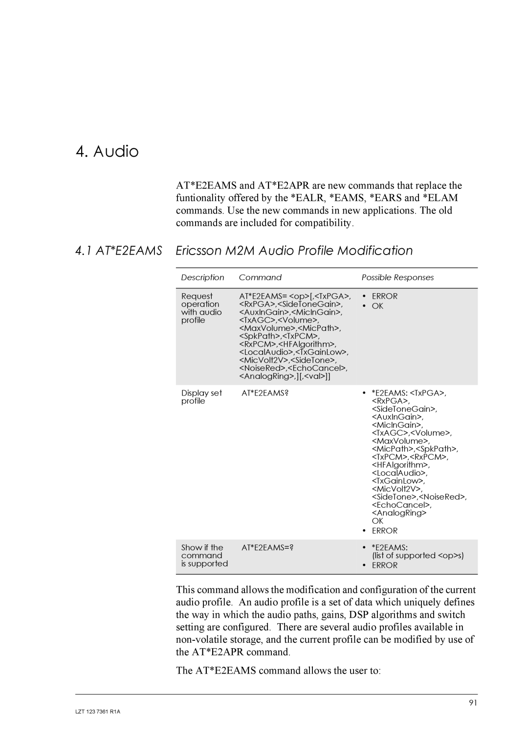 Standard Horizon GM29 manual AT*E2EAMS Ericsson M2M Audio Profile Modification, AT*E2EAMS?, AT*E2EAMS=? 