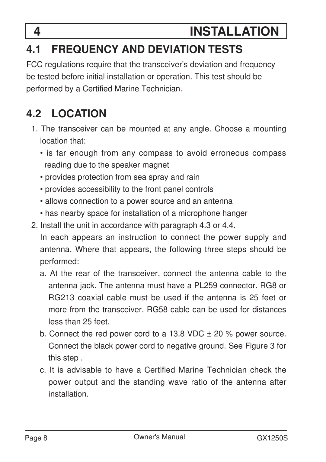 Standard Horizon GX1250S owner manual Installation, Frequency and Deviation Tests, Location 