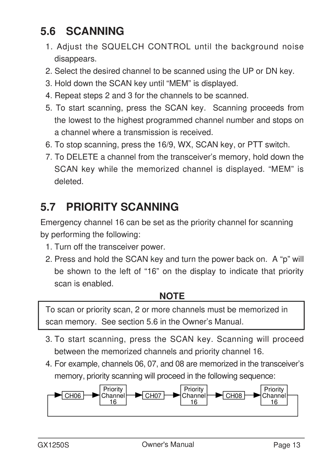 Standard Horizon GX1250S owner manual Priority Scanning 