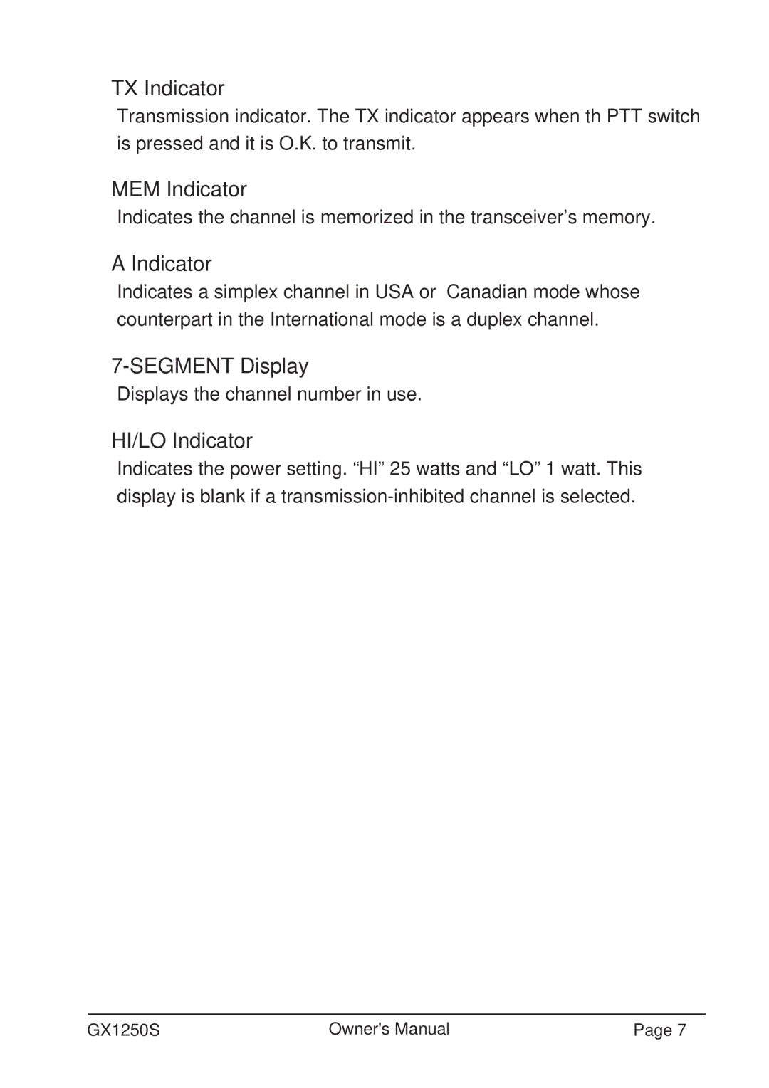 Standard Horizon GX1250S owner manual MEM Indicator 