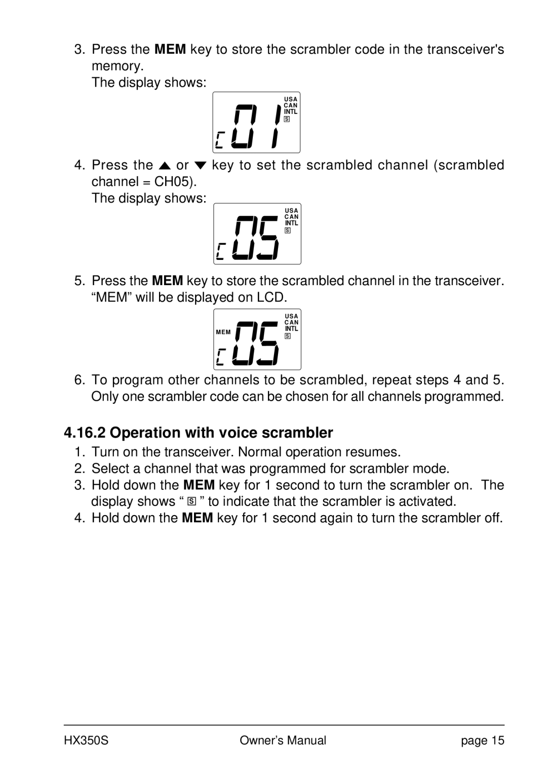 Standard Horizon Hx 350s owner manual Operation with voice scrambler 