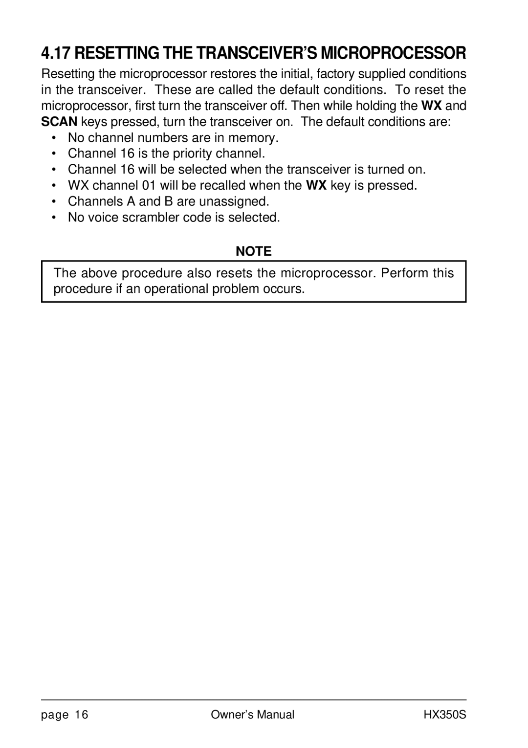 Standard Horizon Hx 350s owner manual Resetting the TRANSCEIVER’S Microprocessor 