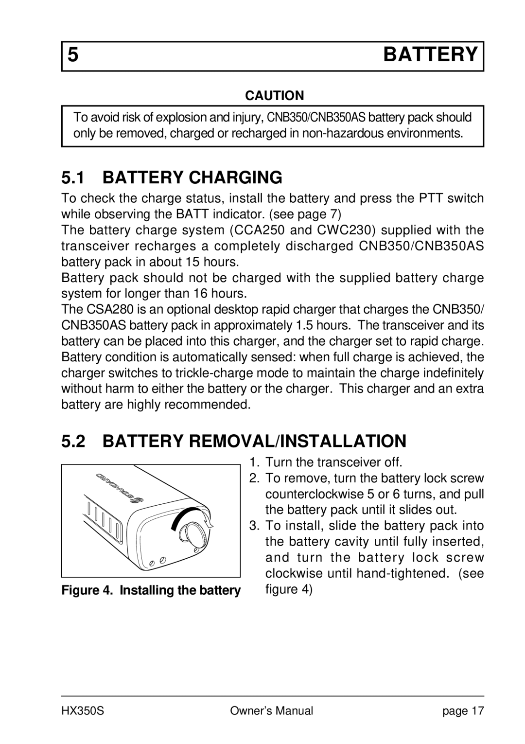 Standard Horizon Hx 350s owner manual Battery Charging, Battery REMOVAL/INSTALLATION 