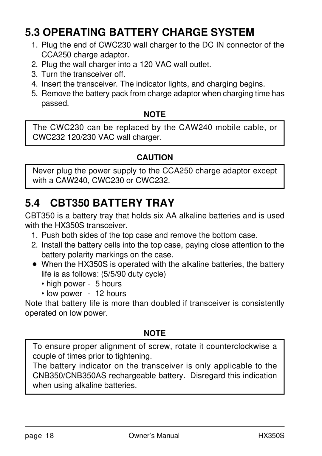 Standard Horizon Hx 350s owner manual Operating Battery Charge System, CBT350 Battery Tray 