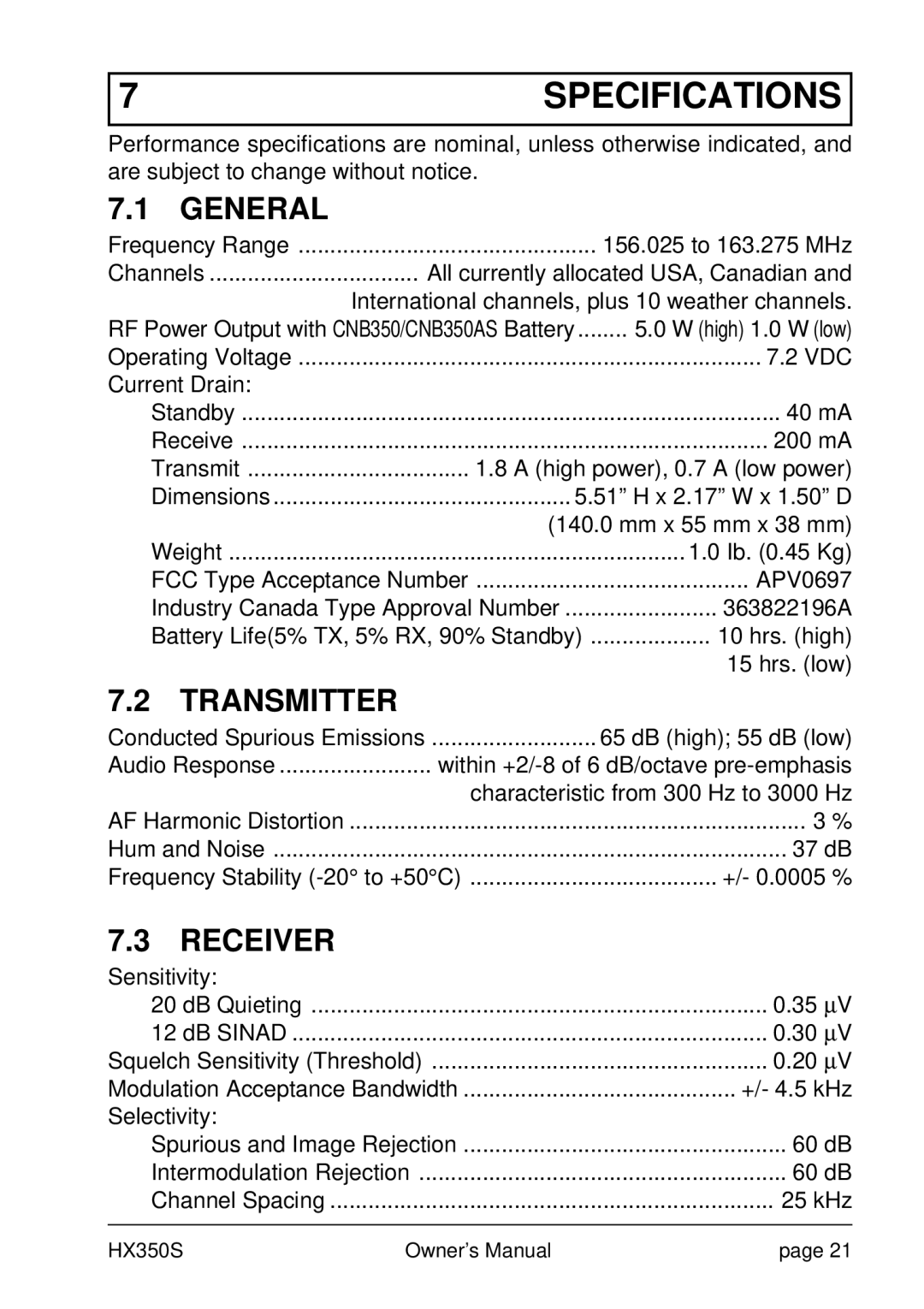 Standard Horizon Hx 350s owner manual 7SPECIFICATIONS, General, Transmitter, Receiver 