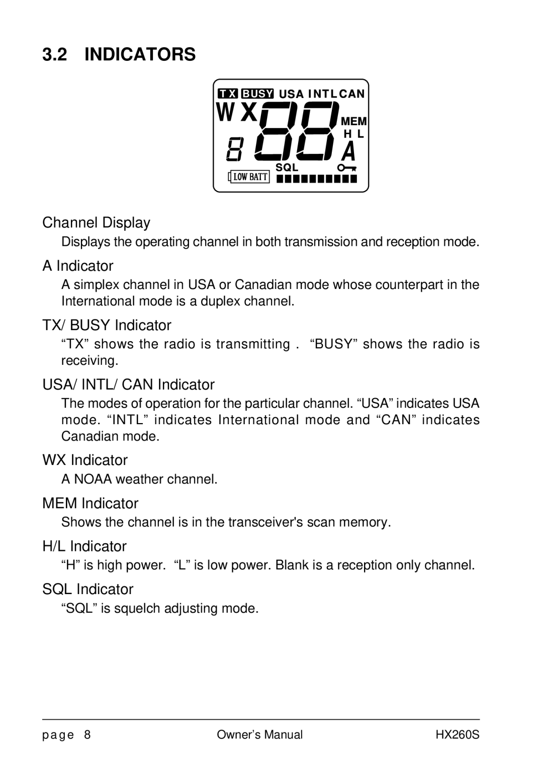 Standard Horizon HX260S owner manual Indicators 