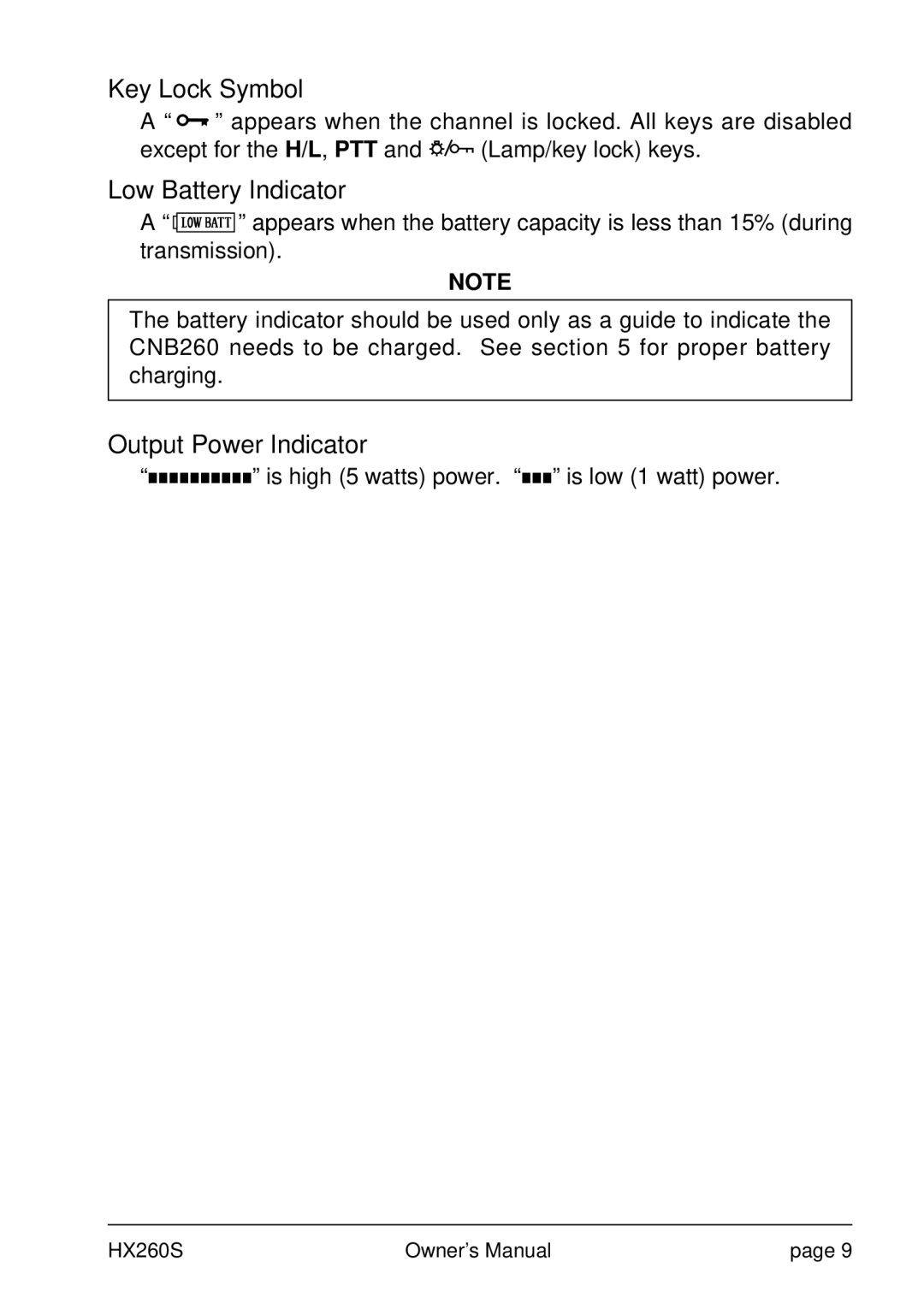 Standard Horizon HX260S owner manual Key Lock Symbol, Low Battery Indicator, Output Power Indicator 