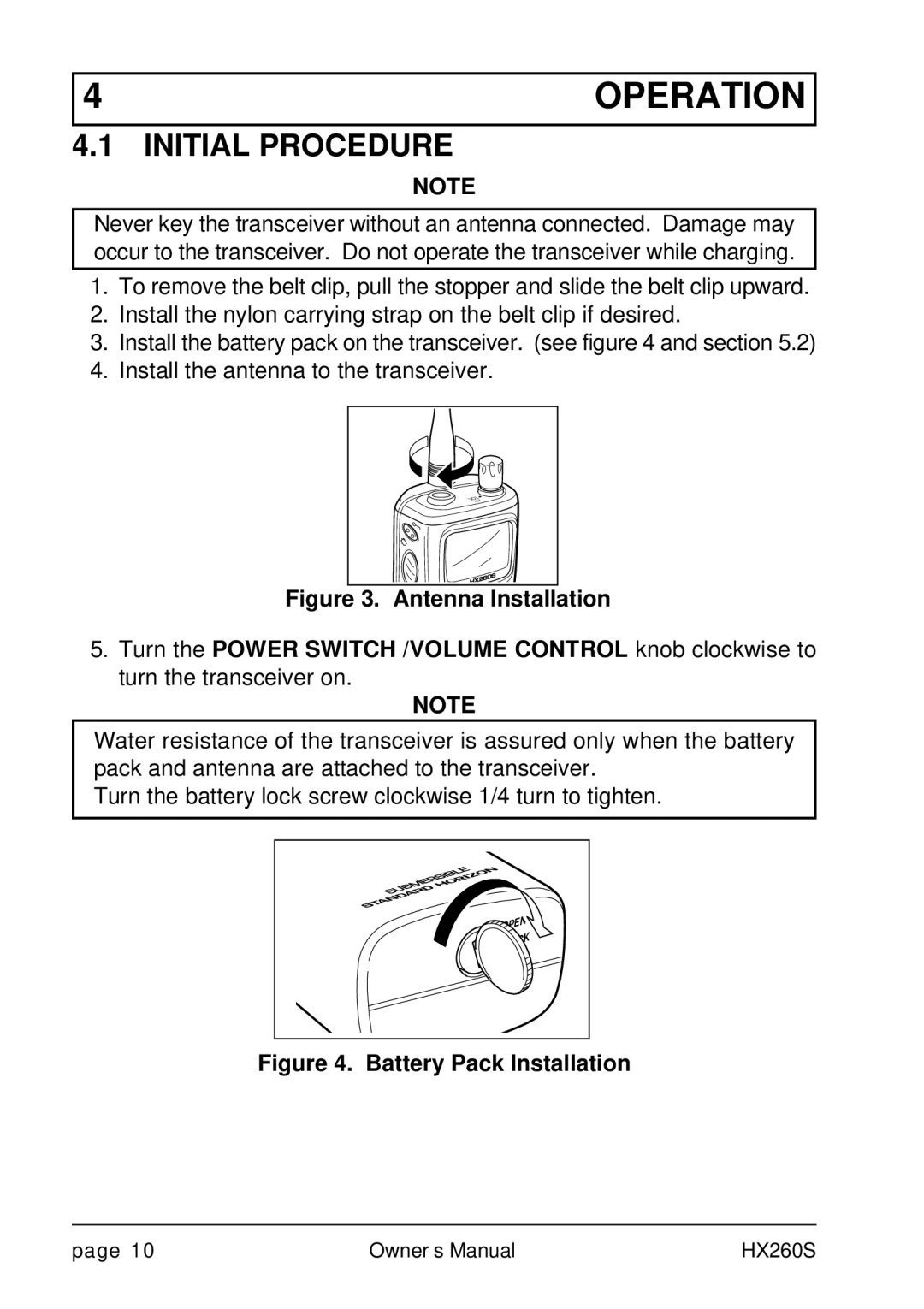 Standard Horizon HX260S owner manual Operation, Initial Procedure 