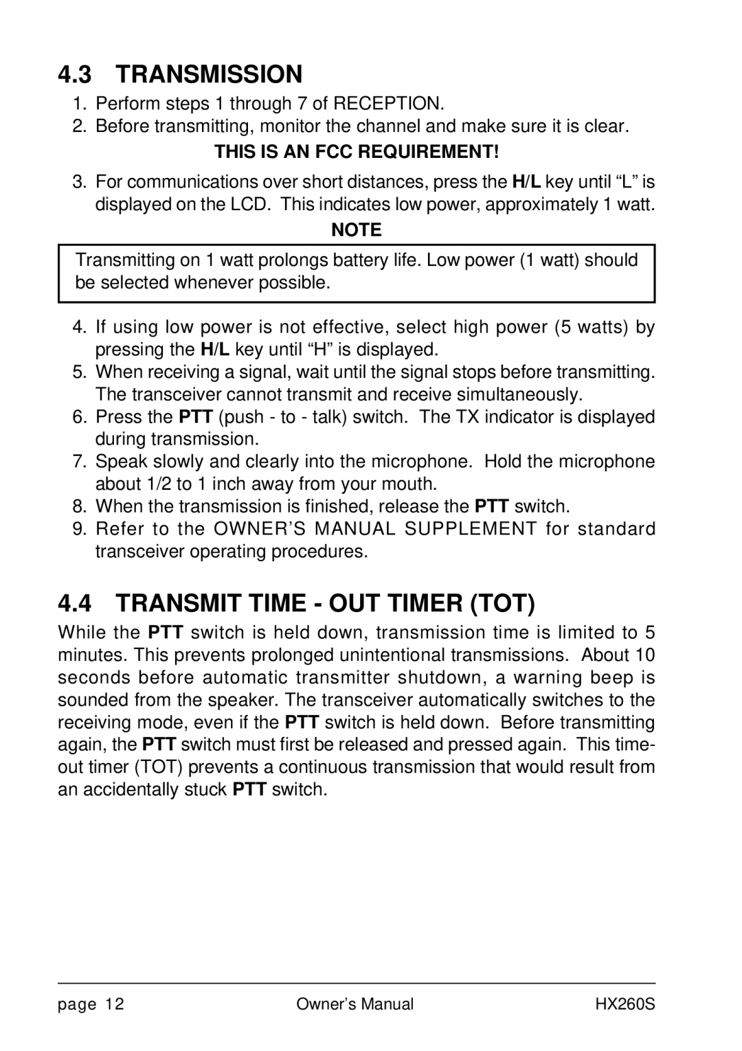 Standard Horizon HX260S owner manual Transmission, Transmit Time OUT Timer TOT 