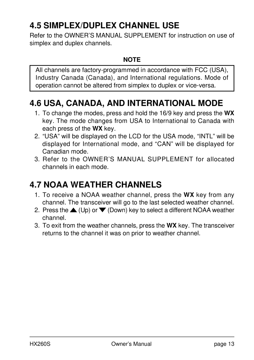 Standard Horizon HX260S owner manual SIMPLEX/DUPLEX Channel USE, USA, CANADA, and International Mode, Noaa Weather Channels 