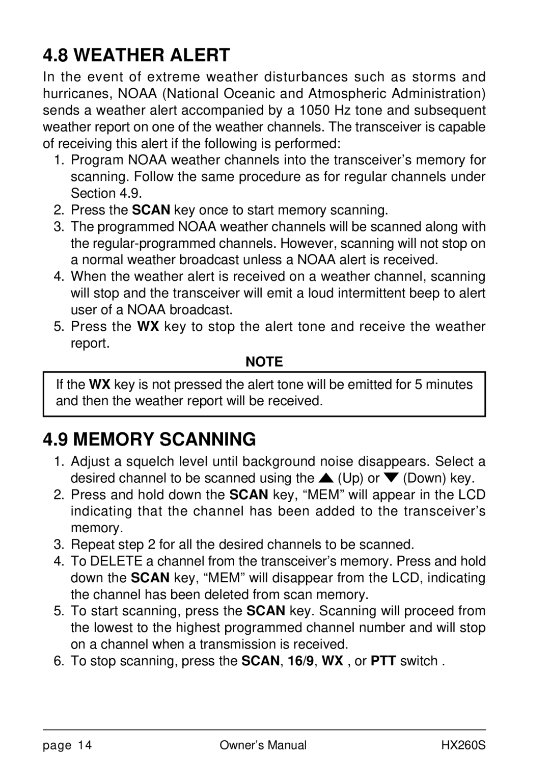 Standard Horizon HX260S owner manual Weather Alert, Memory Scanning 