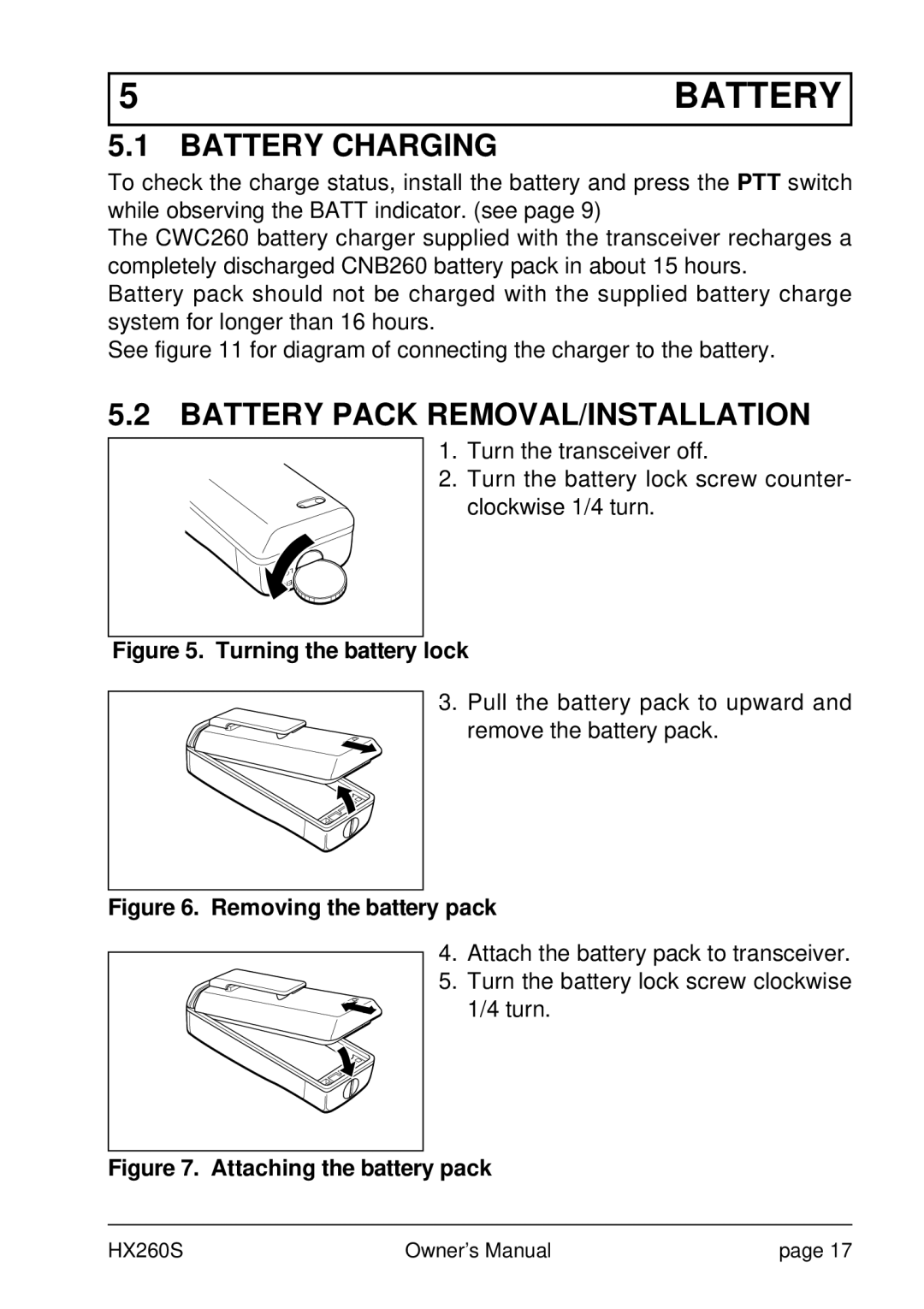 Standard Horizon HX260S owner manual Battery Charging, Battery Pack REMOVAL/INSTALLATION 