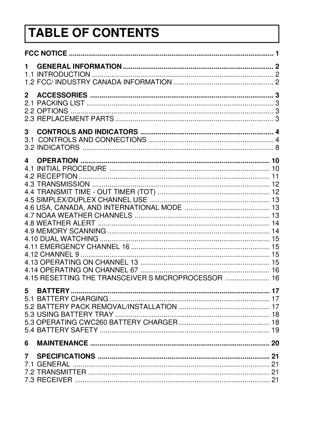 Standard Horizon HX260S owner manual Table of Contents 