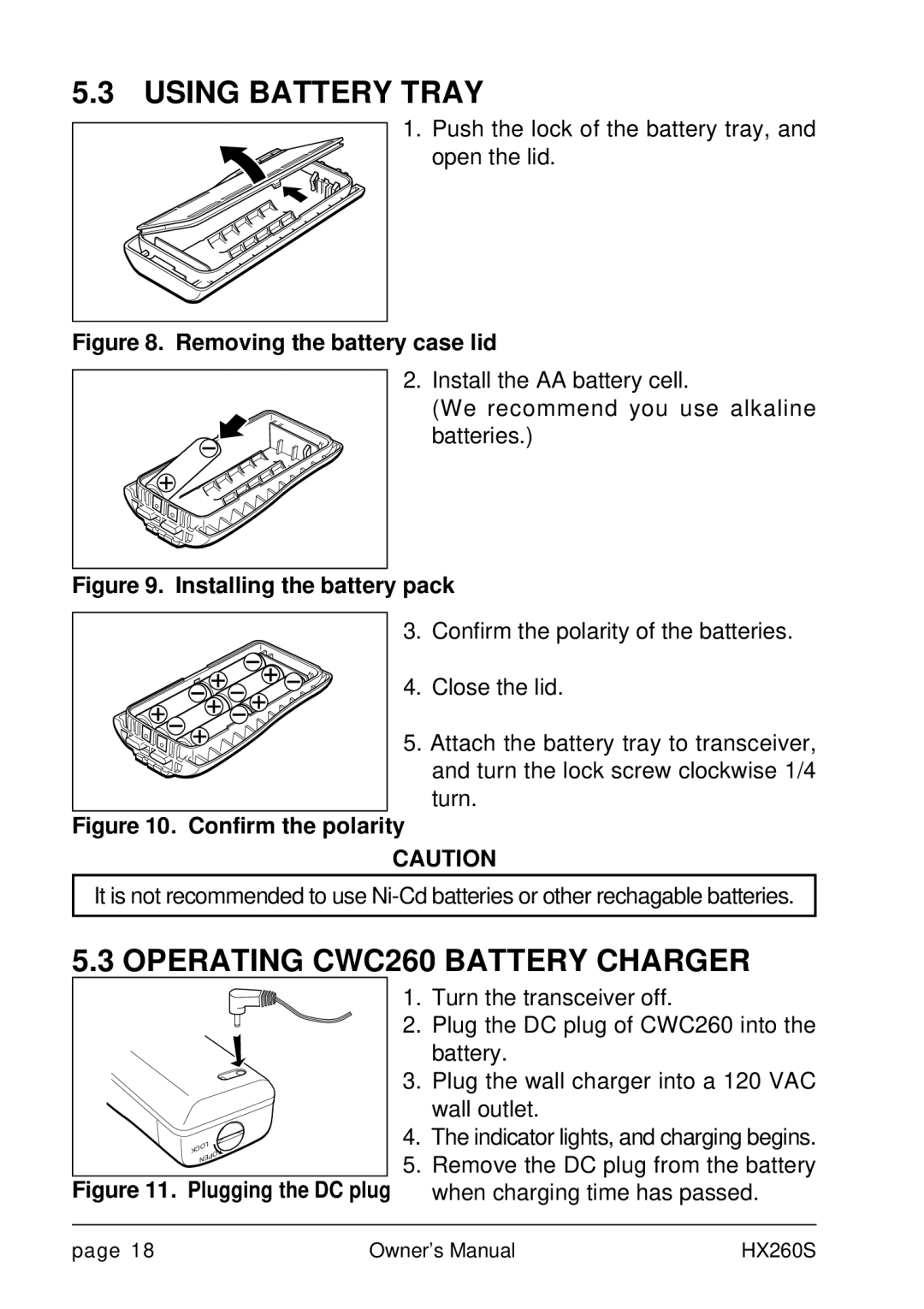 Standard Horizon HX260S owner manual Using Battery Tray, Operating CWC260 Battery Charger 