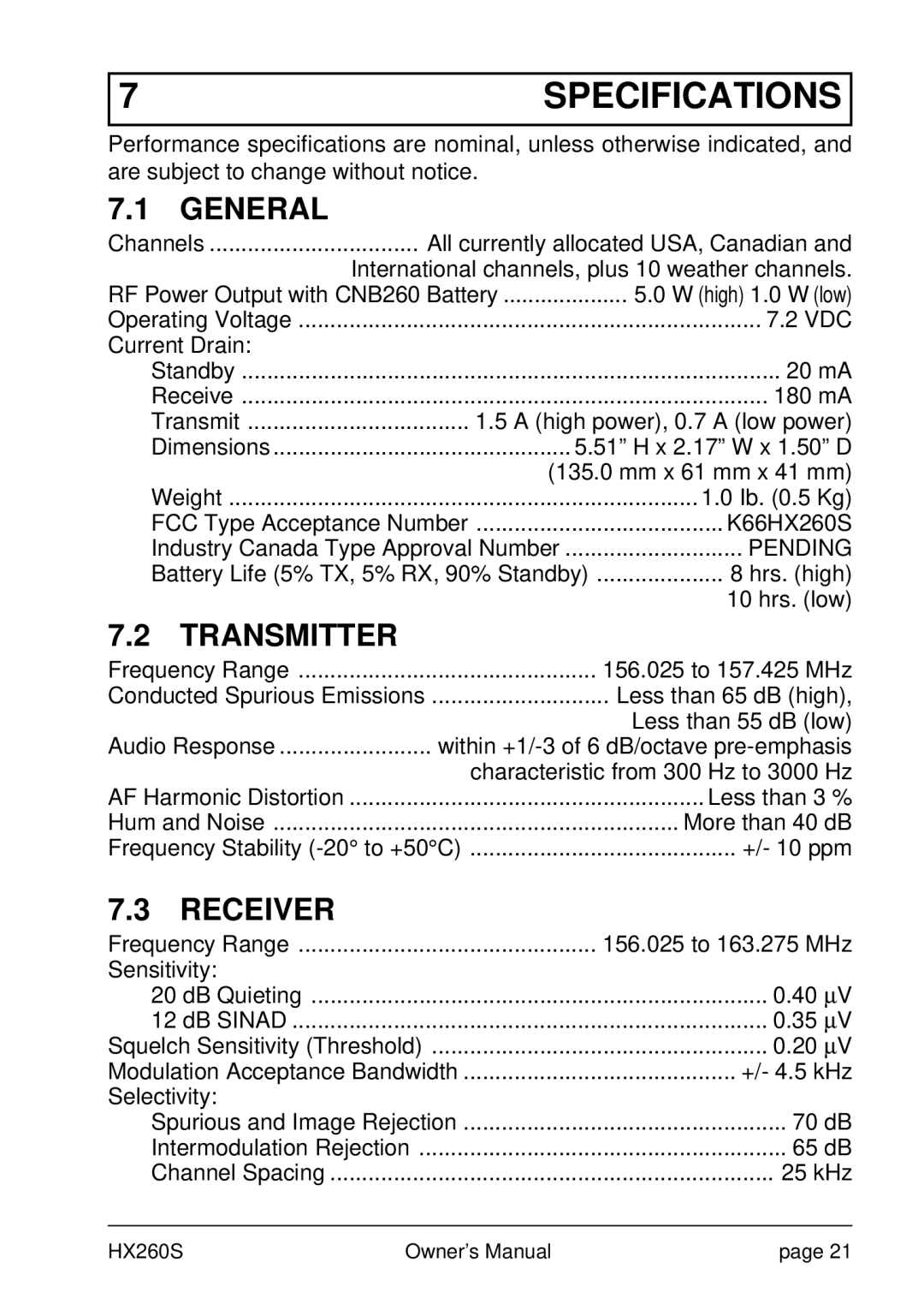 Standard Horizon HX260S owner manual General, Transmitter, Receiver 