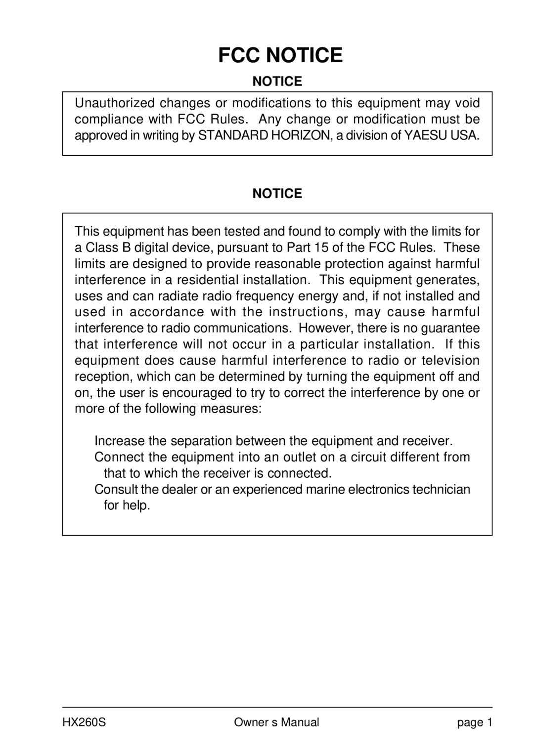 Standard Horizon HX260S owner manual FCC Notice 