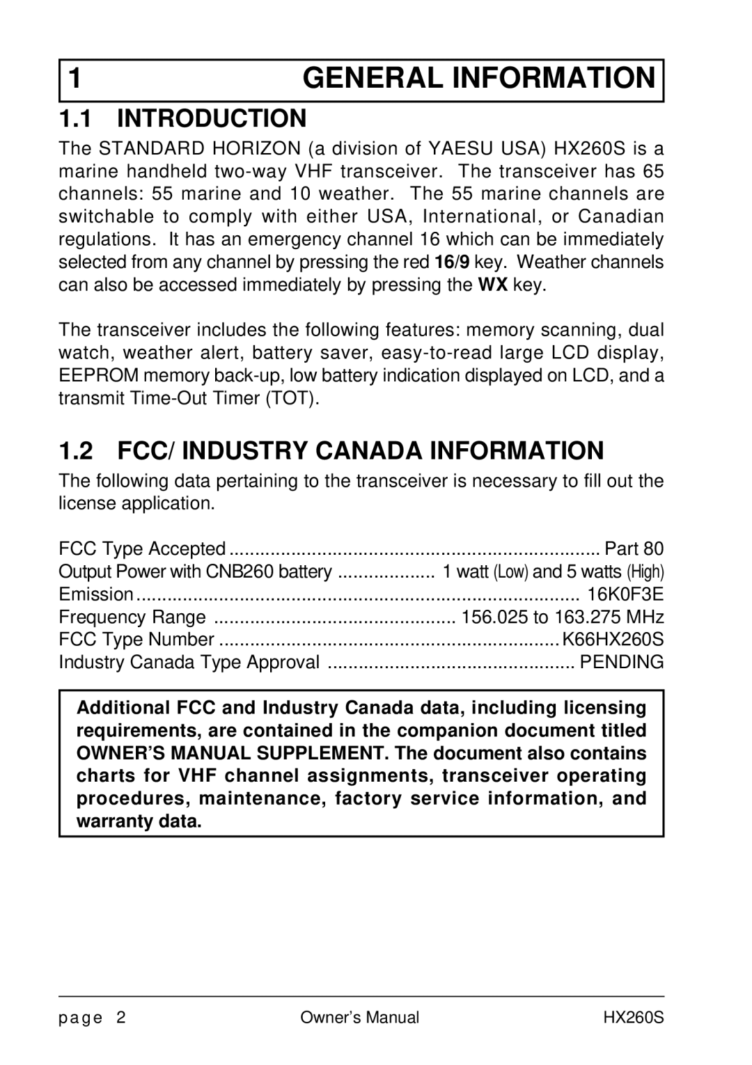 Standard Horizon HX260S owner manual General Information, Introduction, FCC/ Industry Canada Information 