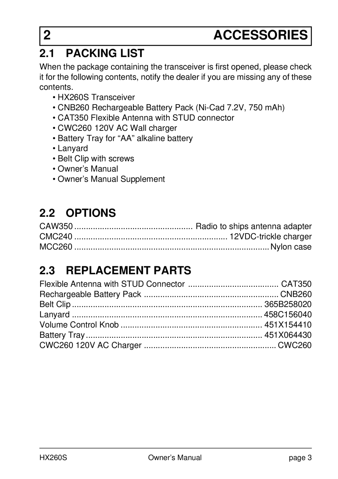 Standard Horizon HX260S owner manual Accessories, Packing List, Options, Replacement Parts 