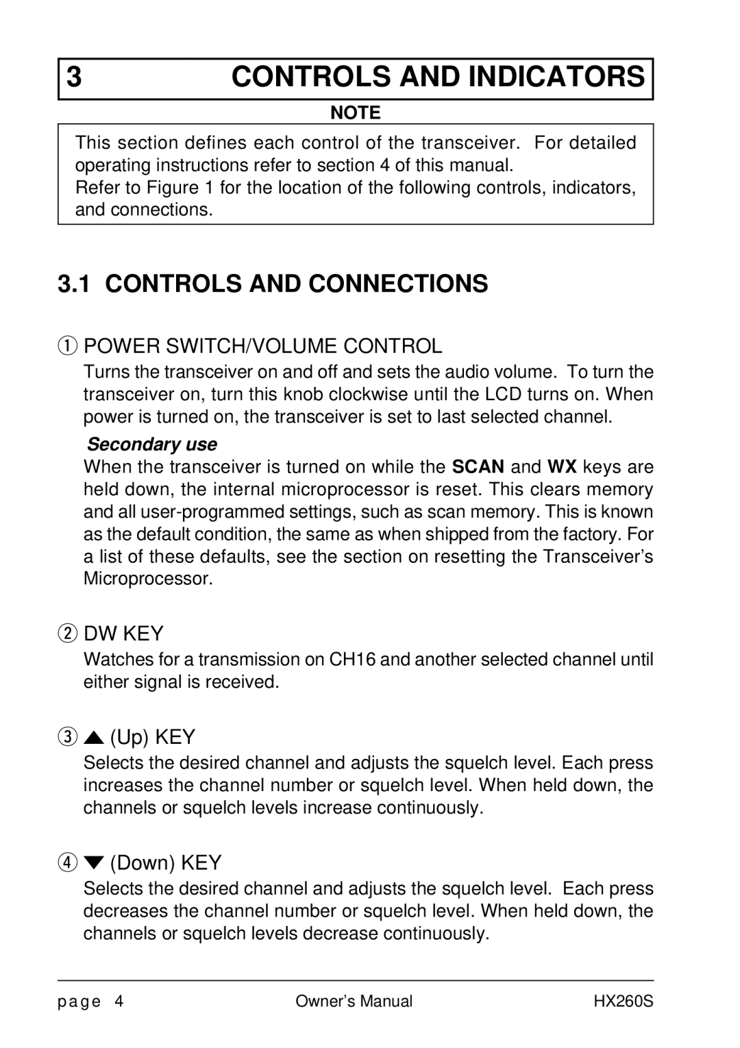 Standard Horizon HX260S owner manual Controls and Connections, Power SWITCH/VOLUME Control, Dw Key, Up KEY, Down KEY 