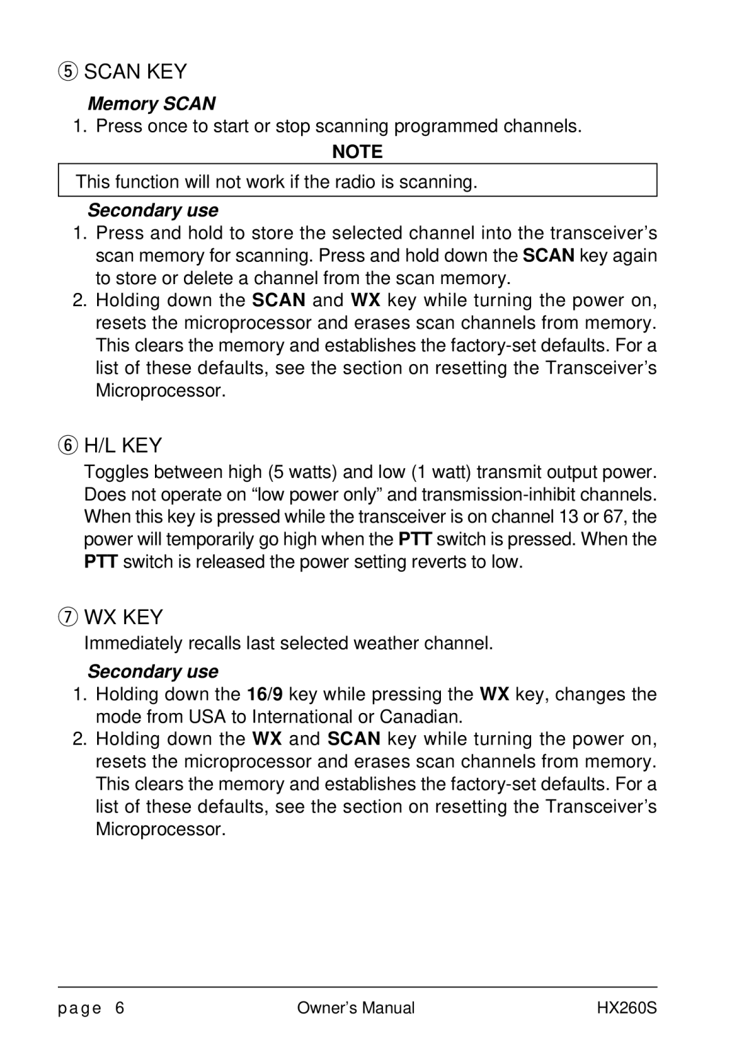 Standard Horizon HX260S owner manual Scan KEY, L Key, Wx Key 