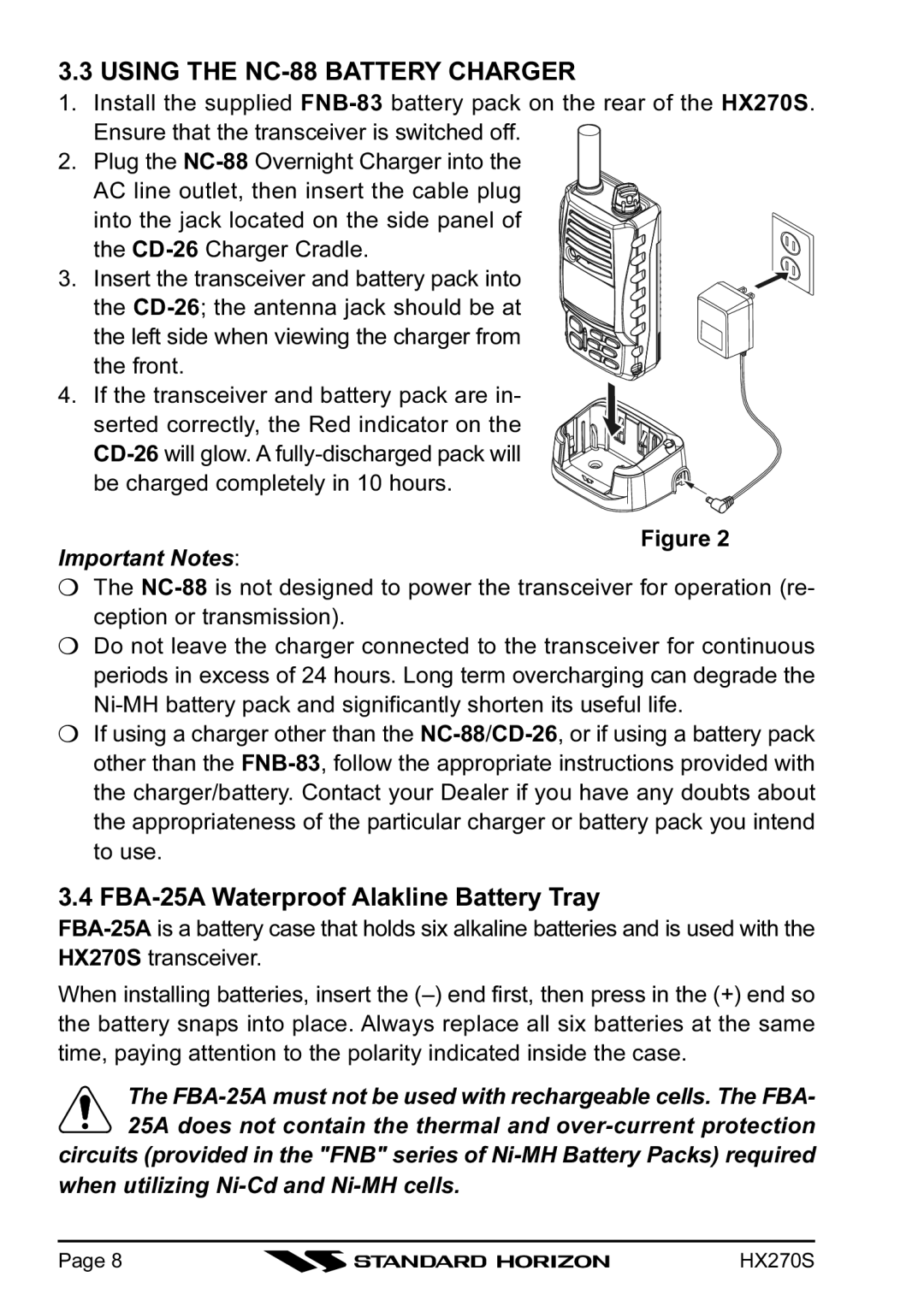 Standard Horizon HX270S owner manual Using the NC-88 Battery Charger, FBA-25A Waterproof Alakline Battery Tray 