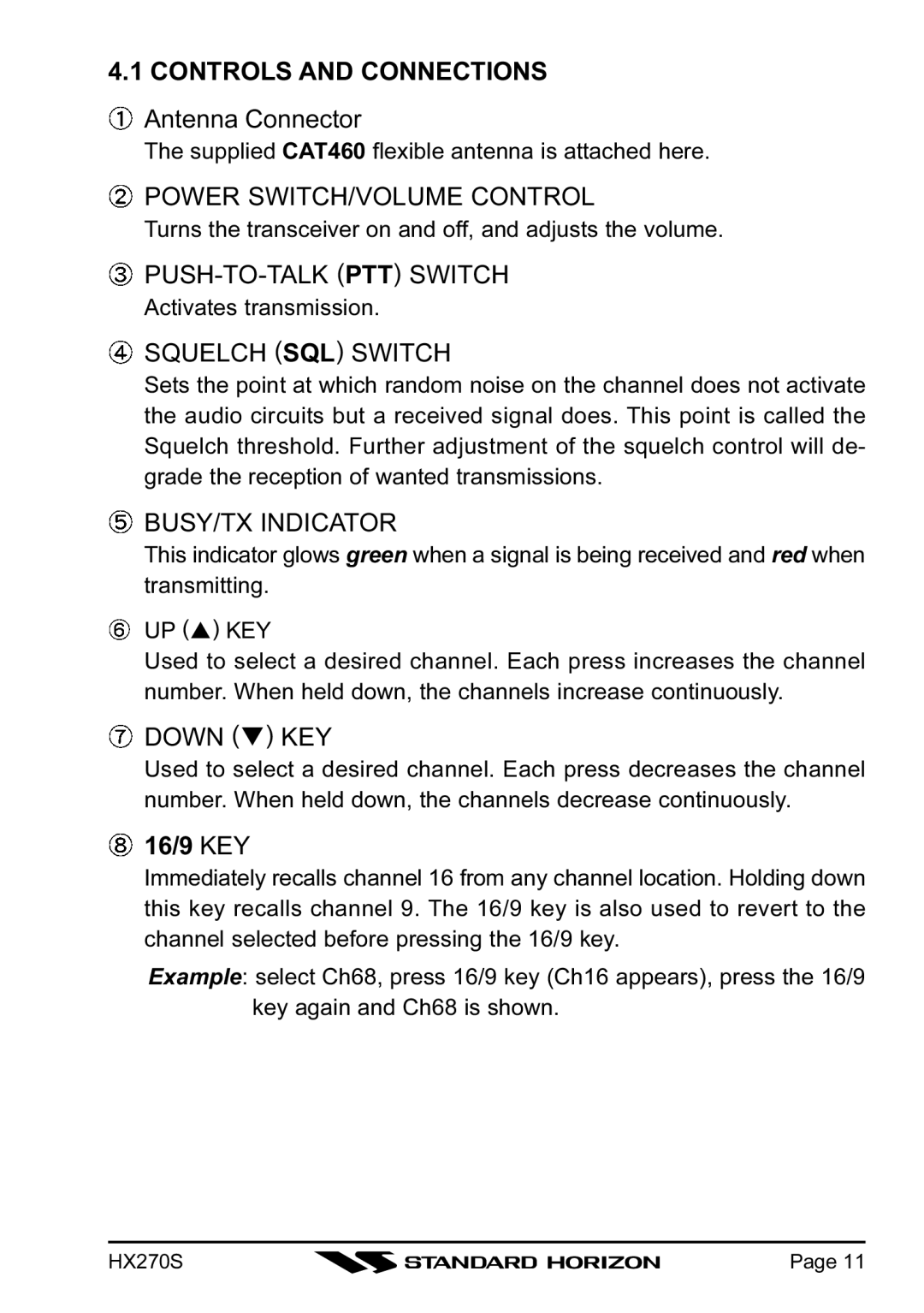 Standard Horizon HX270S Controls and Connections, Power SWITCH/VOLUME Control, PUSH-TO-TALK PTT Switch, Squelch SQL Switch 