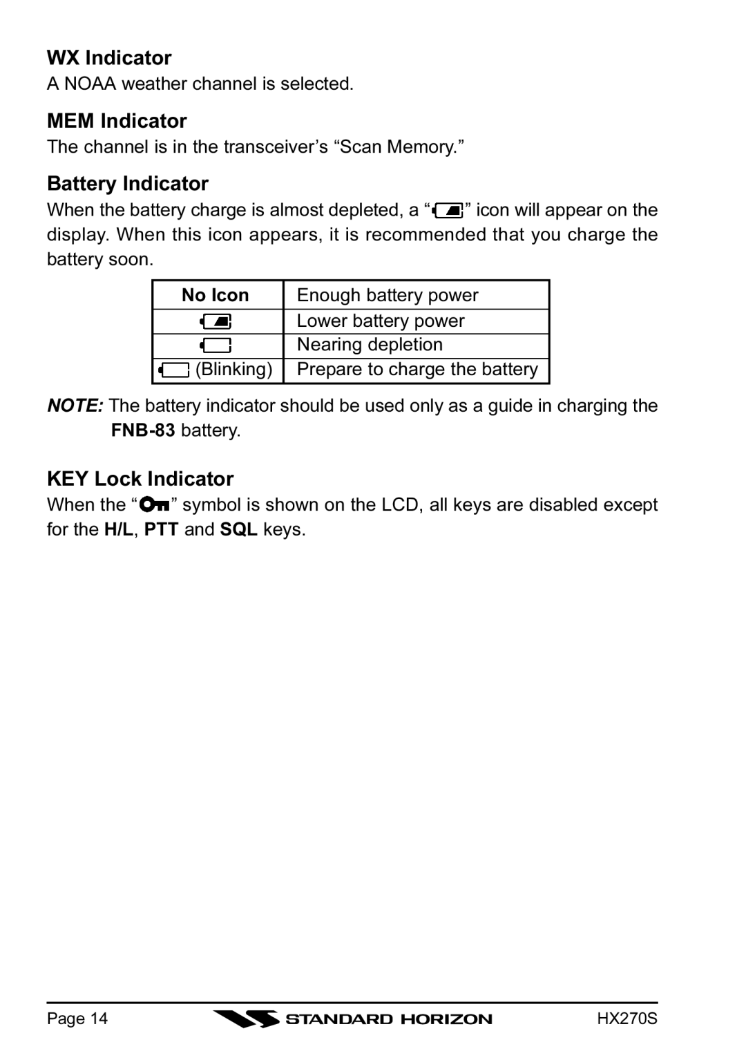 Standard Horizon HX270S owner manual WX Indicator, MEM Indicator, Battery Indicator, KEY Lock Indicator 