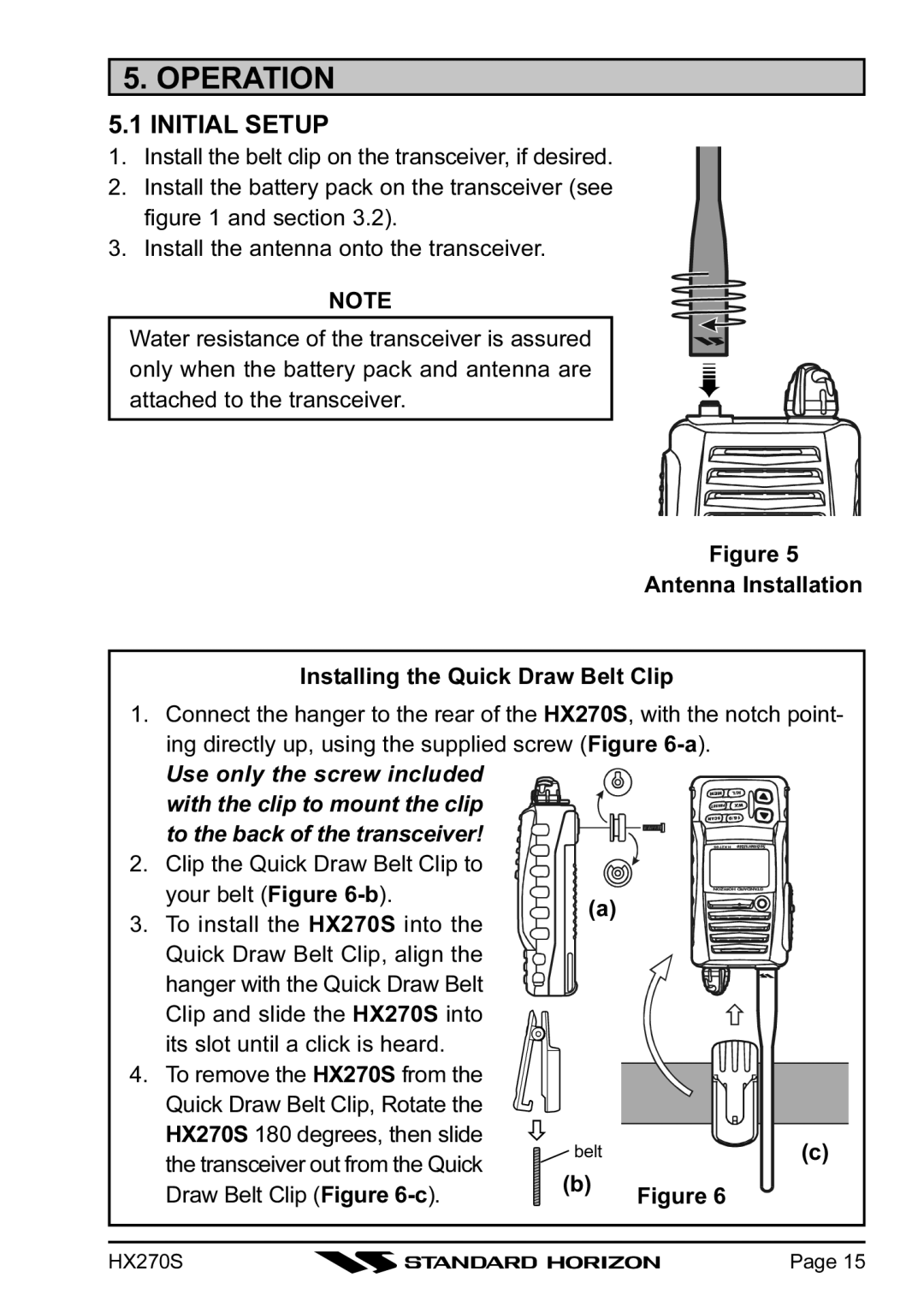 Standard Horizon HX270S owner manual Operation, Initial Setup 