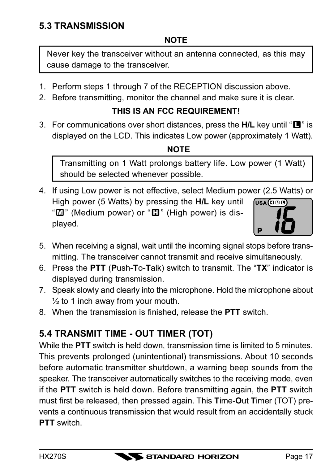 Standard Horizon HX270S owner manual Transmission, Transmit Time OUT Timer TOT, This is AN FCC Requirement 